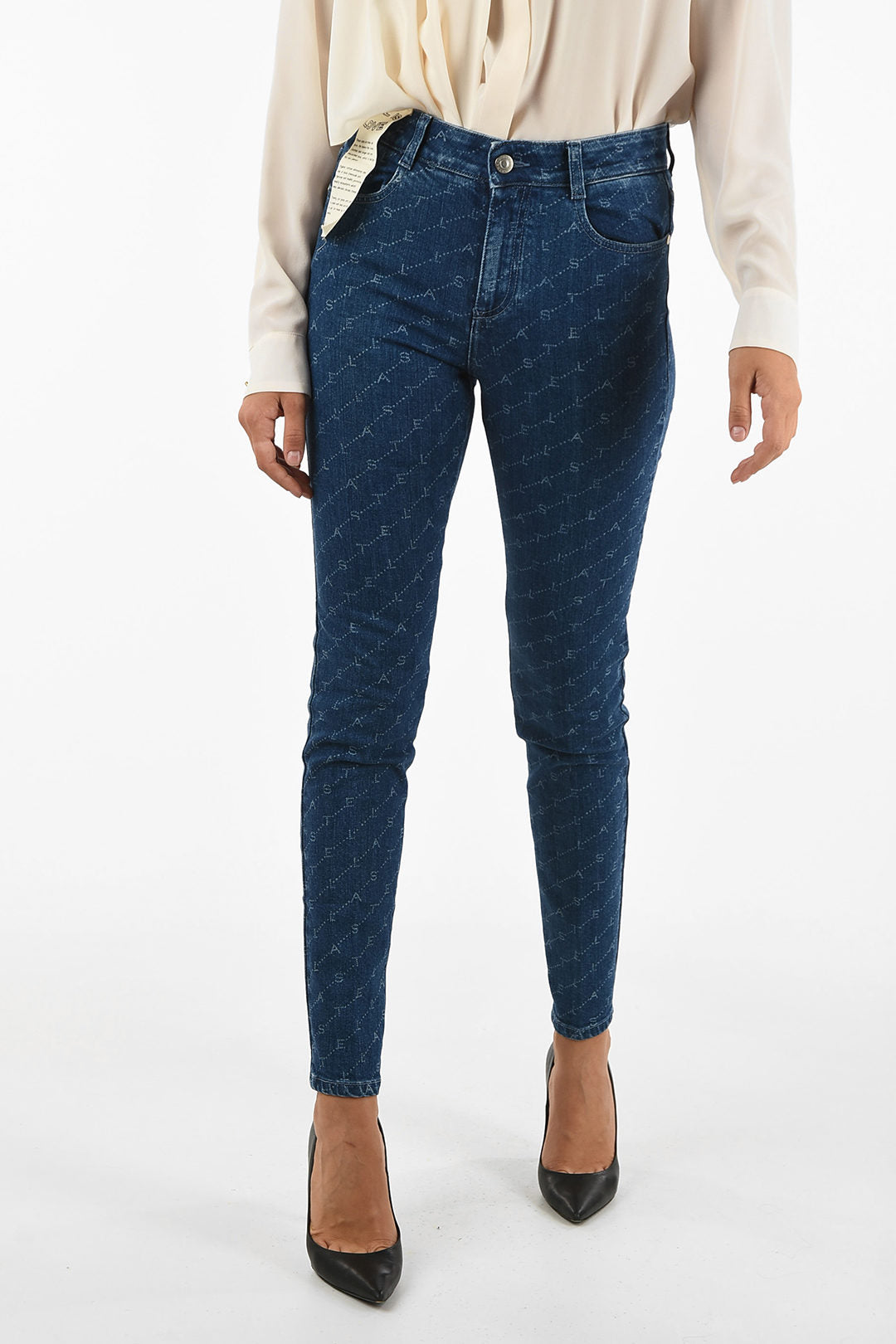 Stella McCartney 2405~Jeans Slim Fit a Vita Alta con Logo All-Over 14cm