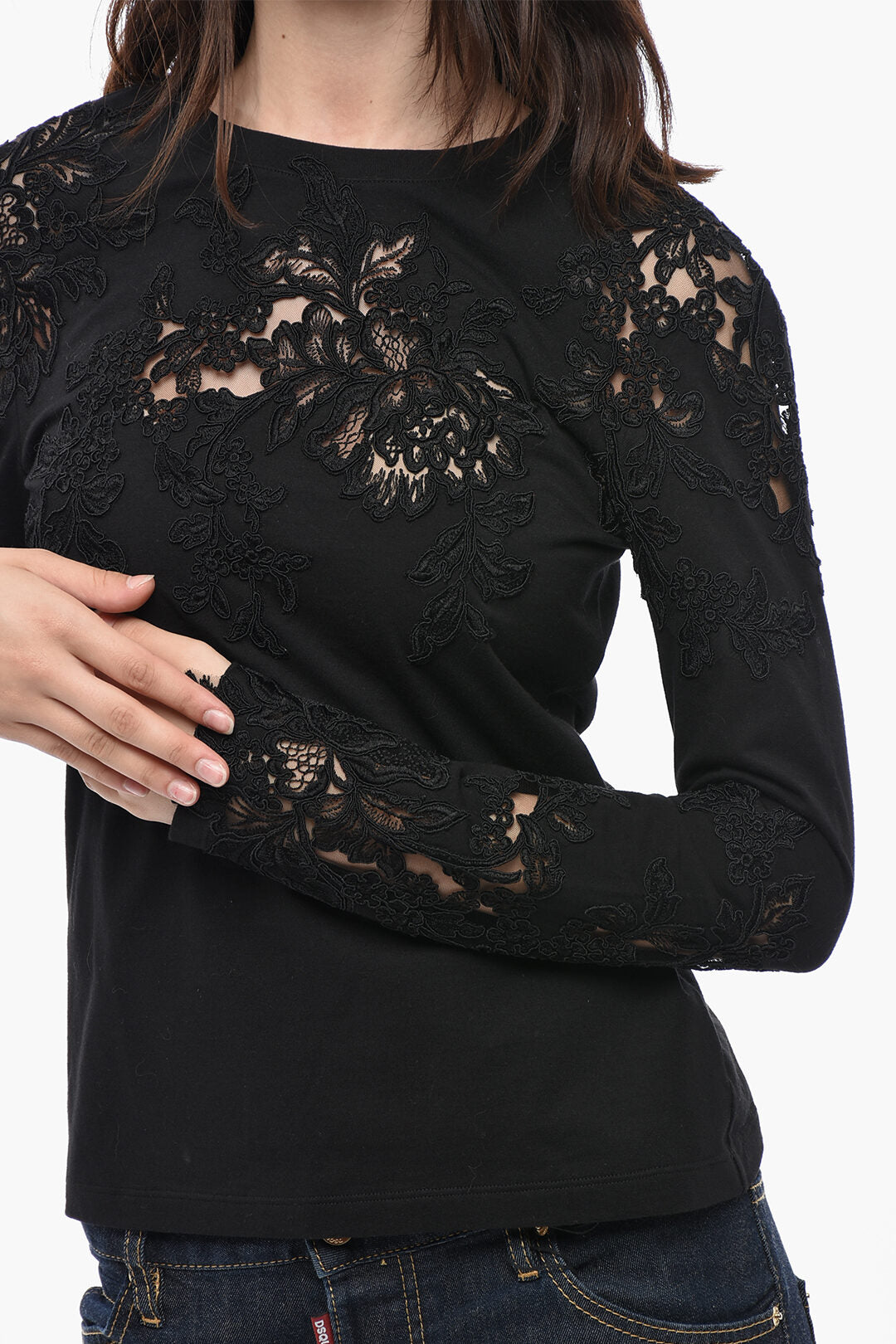 Ermanno Scervino 3500~T-Shirt a Maniche Lunghe in Cotone con Inserti Ricamati