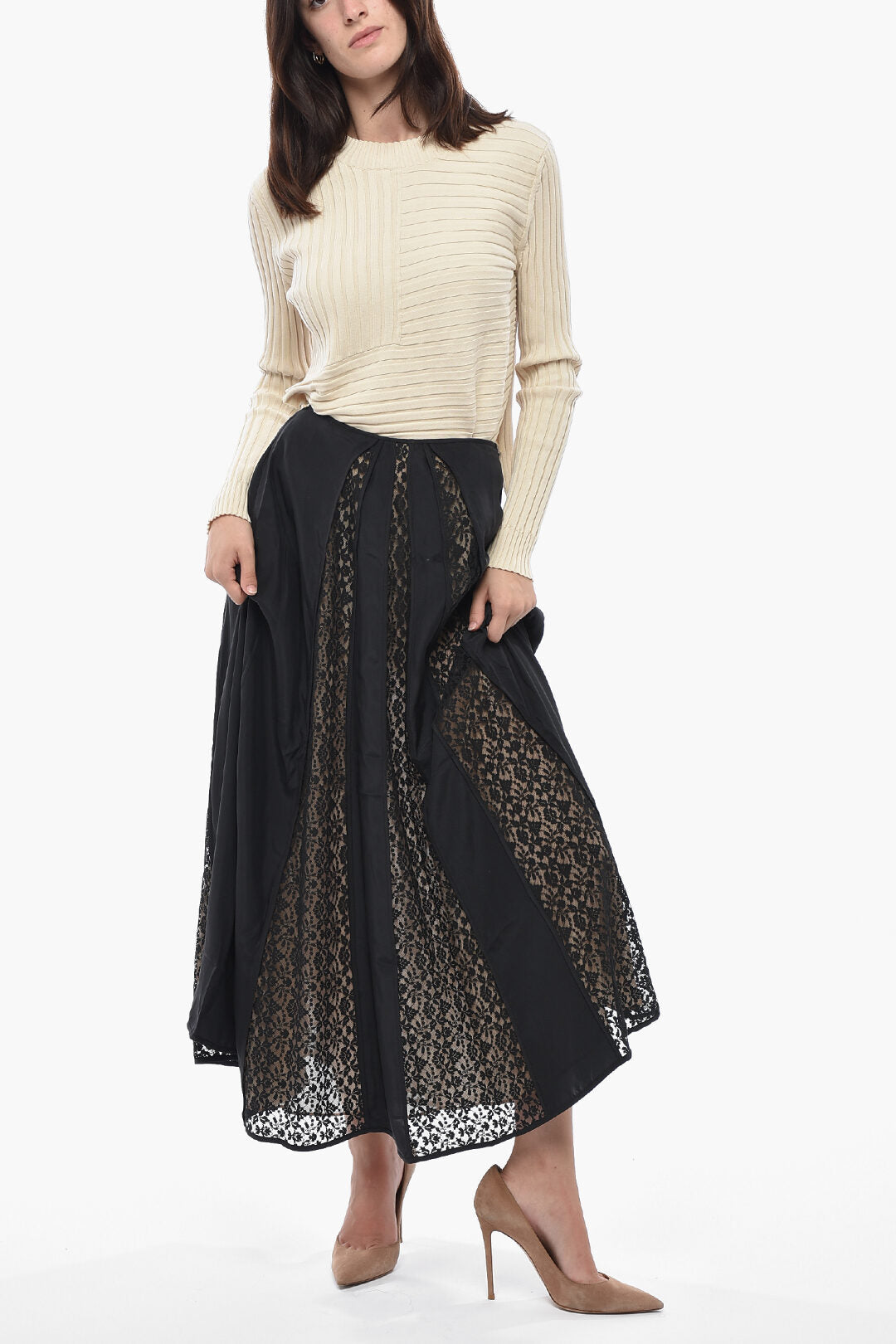 Stella McCartney 3500~Gonna Midi in Chiffon ANABELLA con Inserti in Pizzo