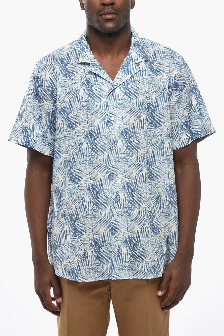 Corneliani 2405~CC COLLECTION Short-Sleeve Shirt with Botanical Print and Cuban Collar