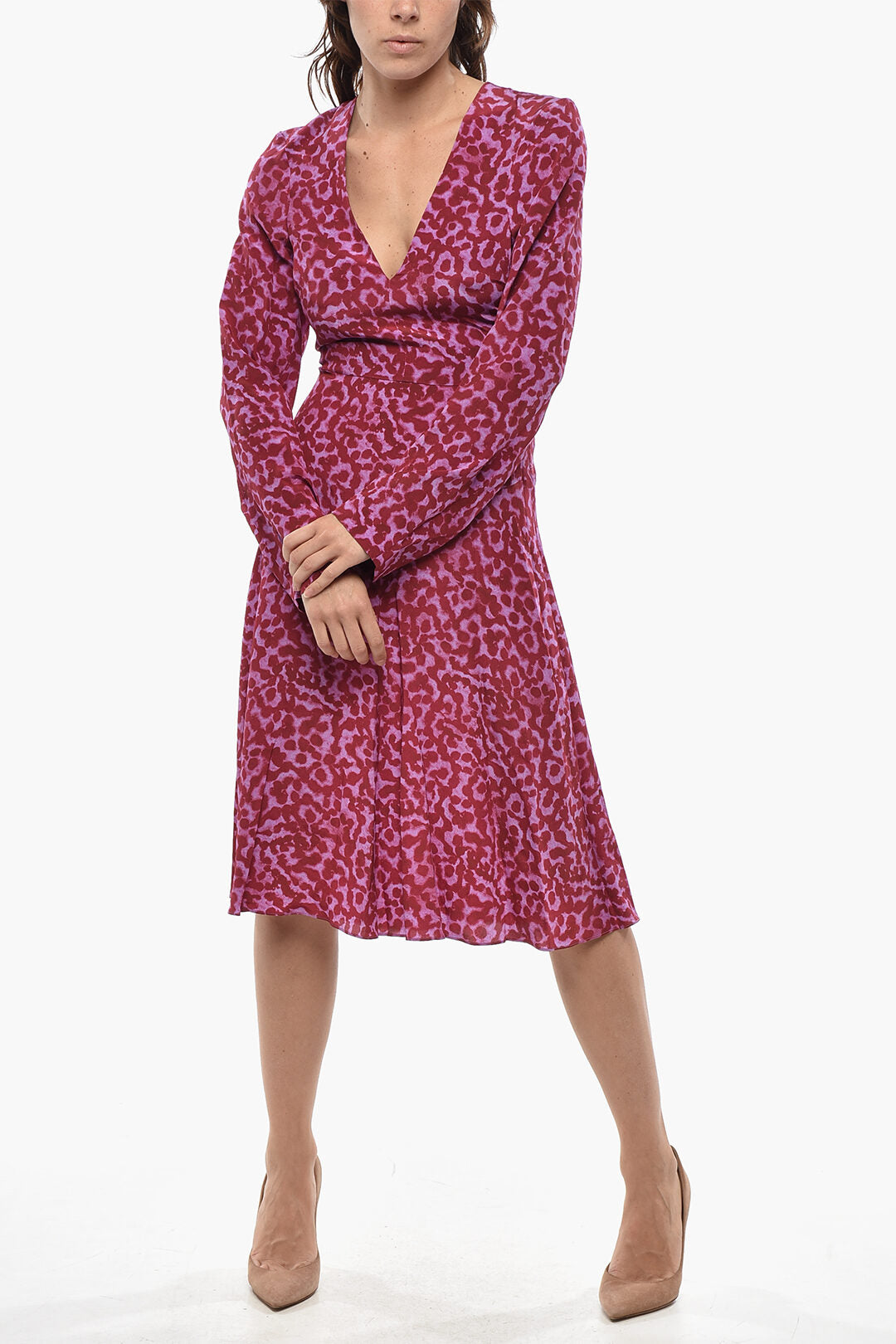 Stella McCartney 2900~Silk Animalier Print Long-Sleeve Dress with V-Neck