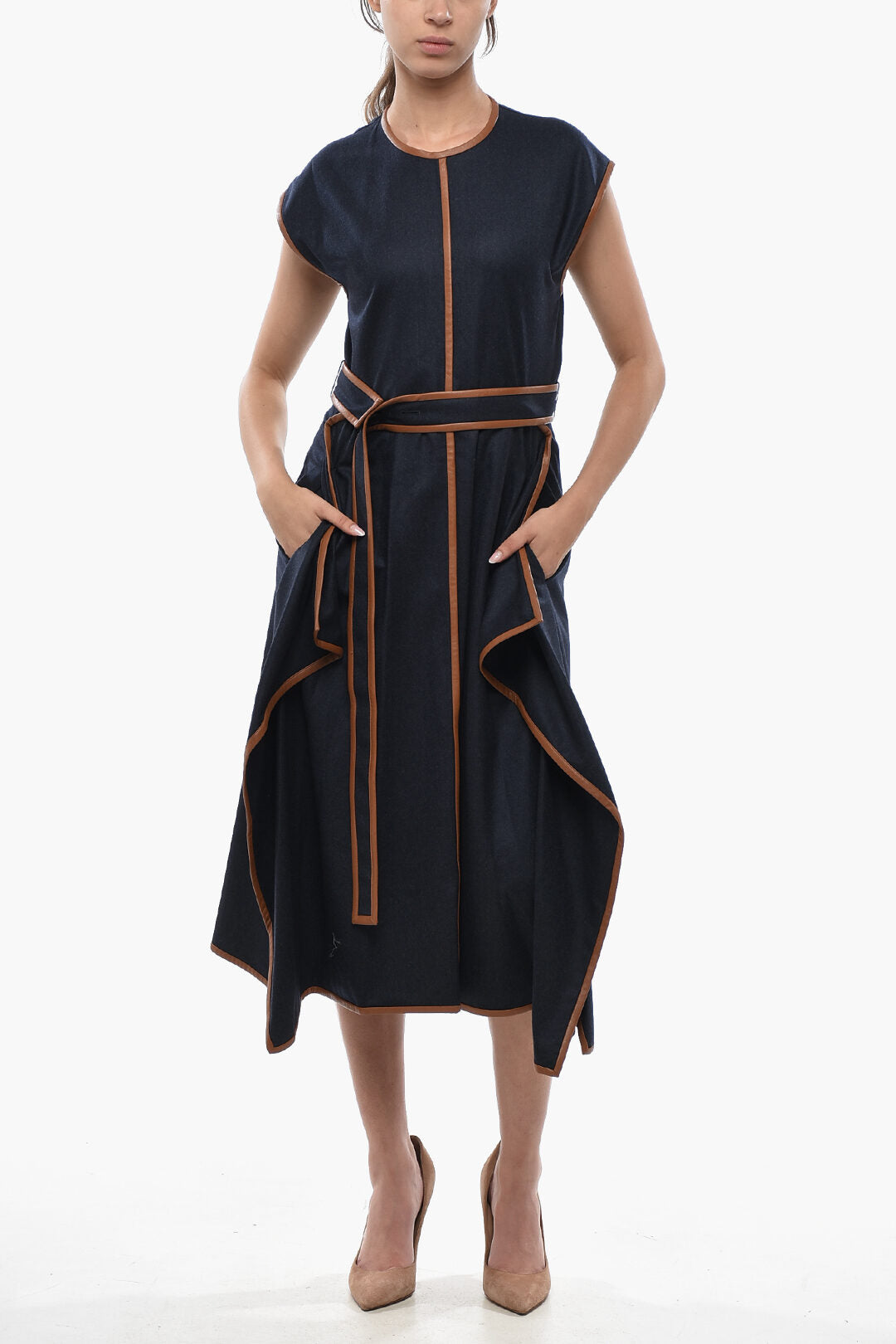 Stella McCartney 2405~Asymmetric Wool Flannel Midi Dress ELOISE with Contrast Trim and Belt