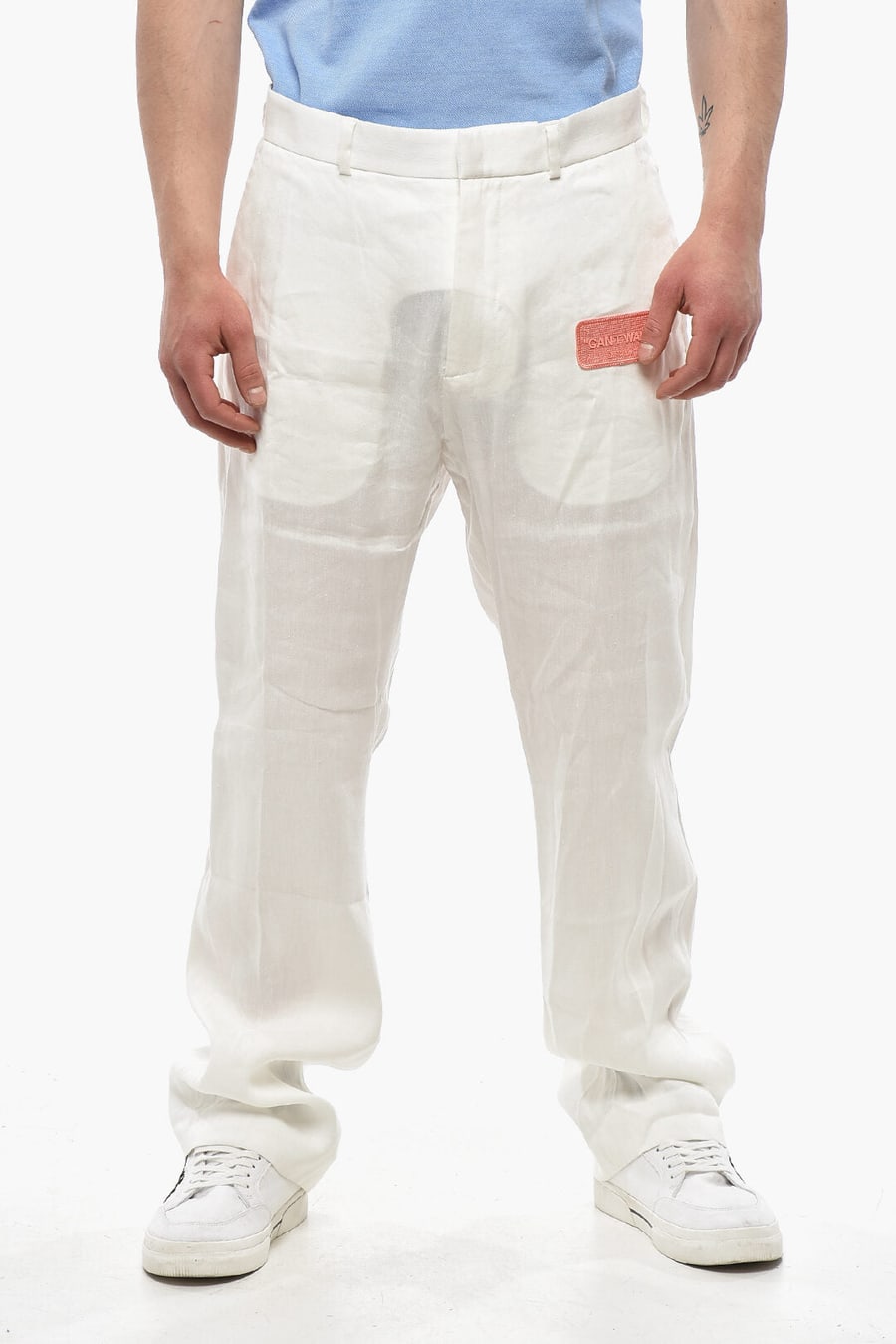 Off-White 2405~Linen-Blend Chino Pants with Patch Logo