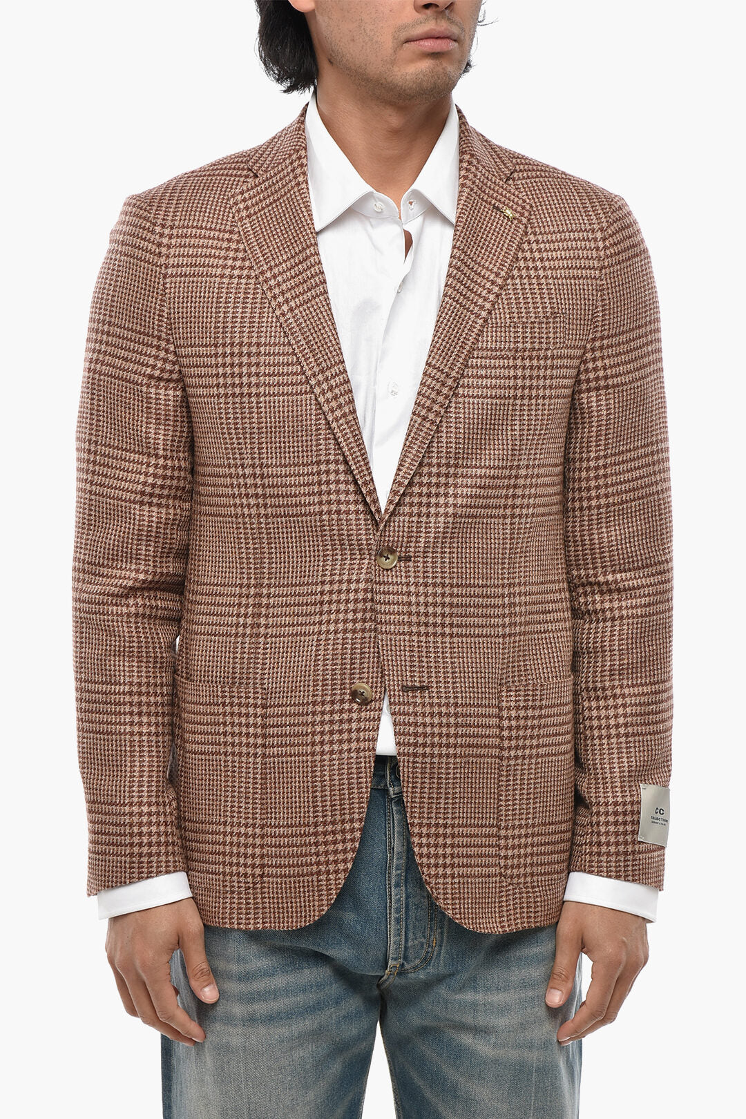 Corneliani 2405~CC COLLECTION Virgin Wool-Blend Plaid Blazer with Patch Pockets
