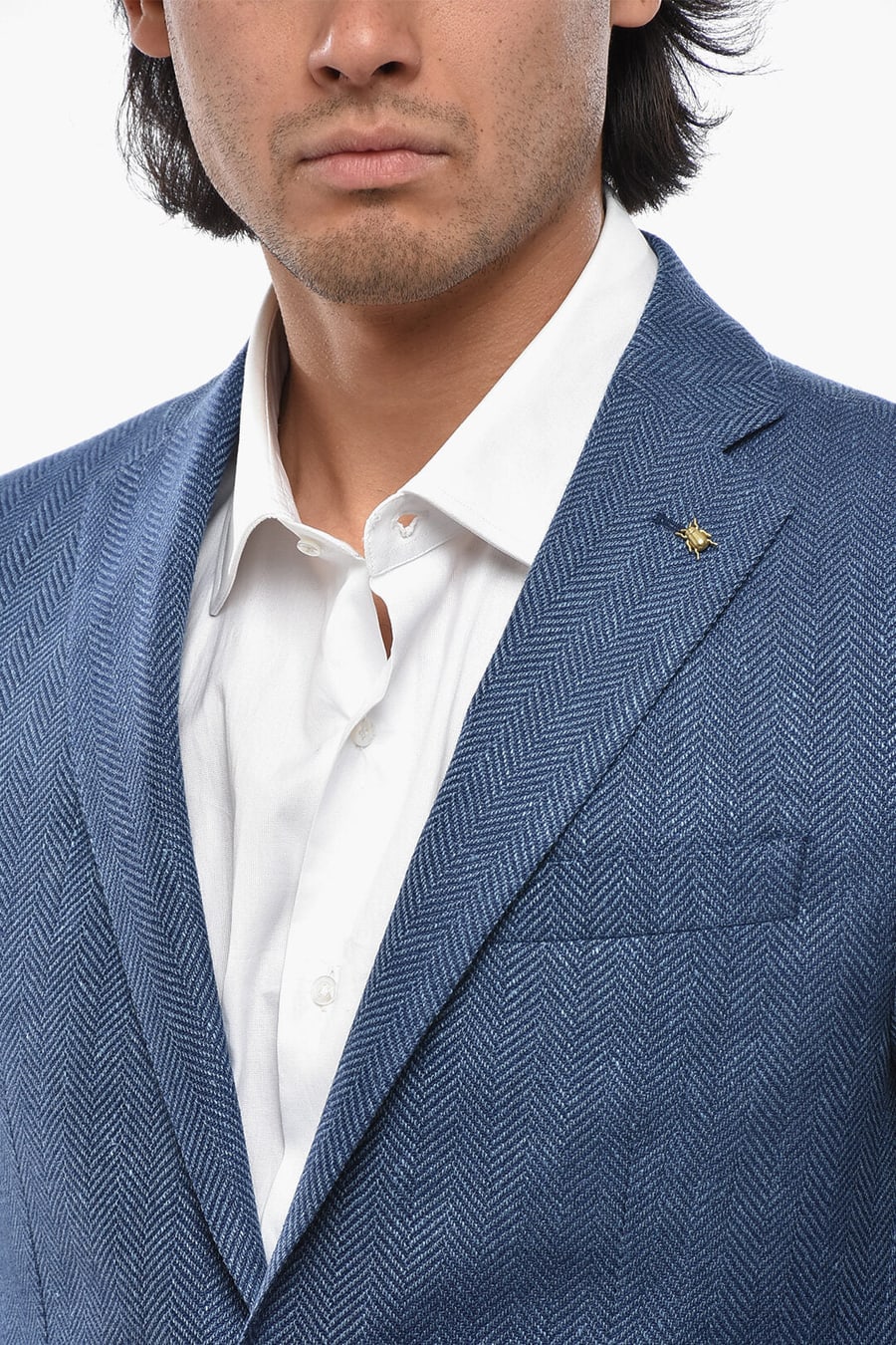 Corneliani 2405~CC COLLECTION Linen-Blend Herringbone Blazer with Patch Pockets, view 3