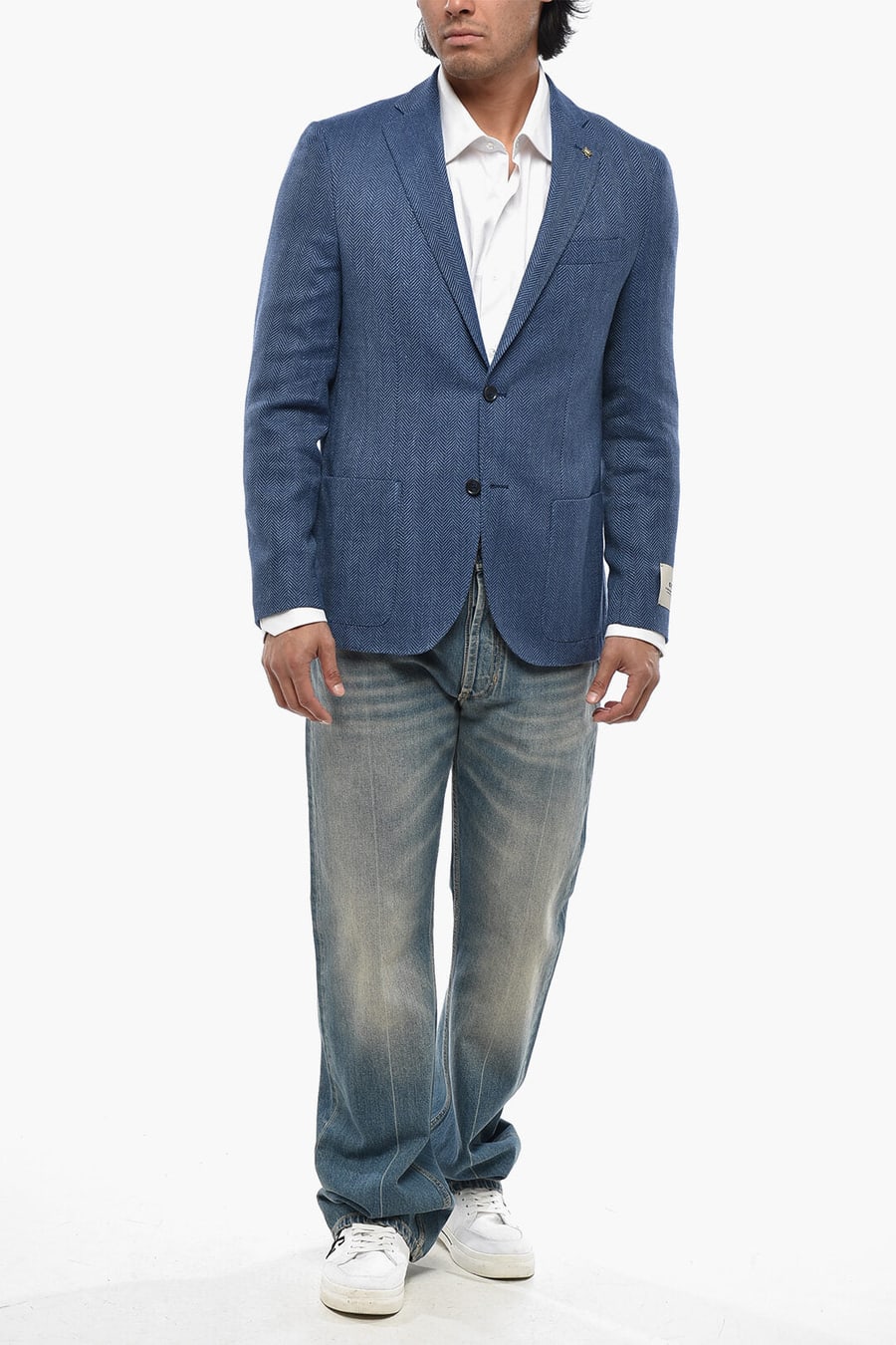 Corneliani 2405~CC COLLECTION Linen-Blend Herringbone Blazer with Patch Pockets, view 4