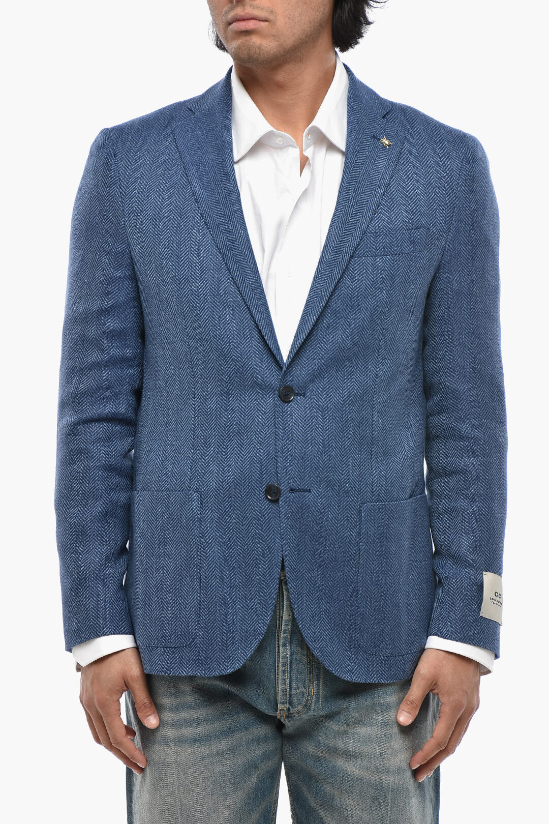 Corneliani 2405~CC COLLECTION Linen-Blend Herringbone Blazer with Patch Pockets