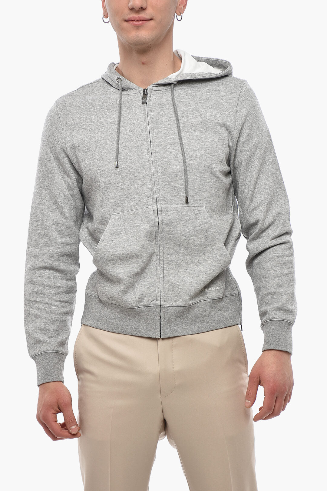 Corneliani 2470~Solid-Color Cotton-Blend Hooded Zip-Up Sweatshirt
