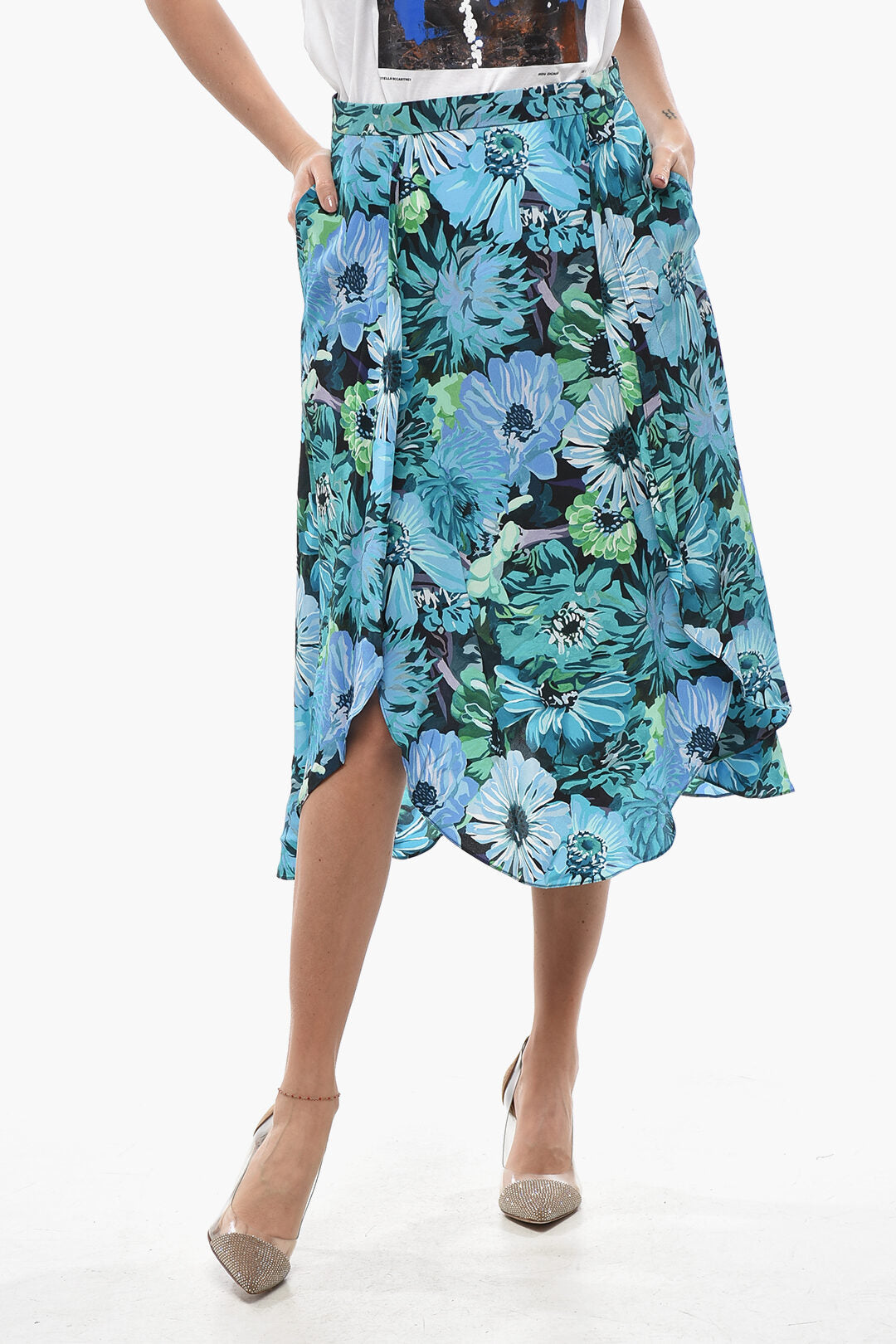 Stella McCartney 2750~Midi Flared Silk Skirt with Floral Pattern