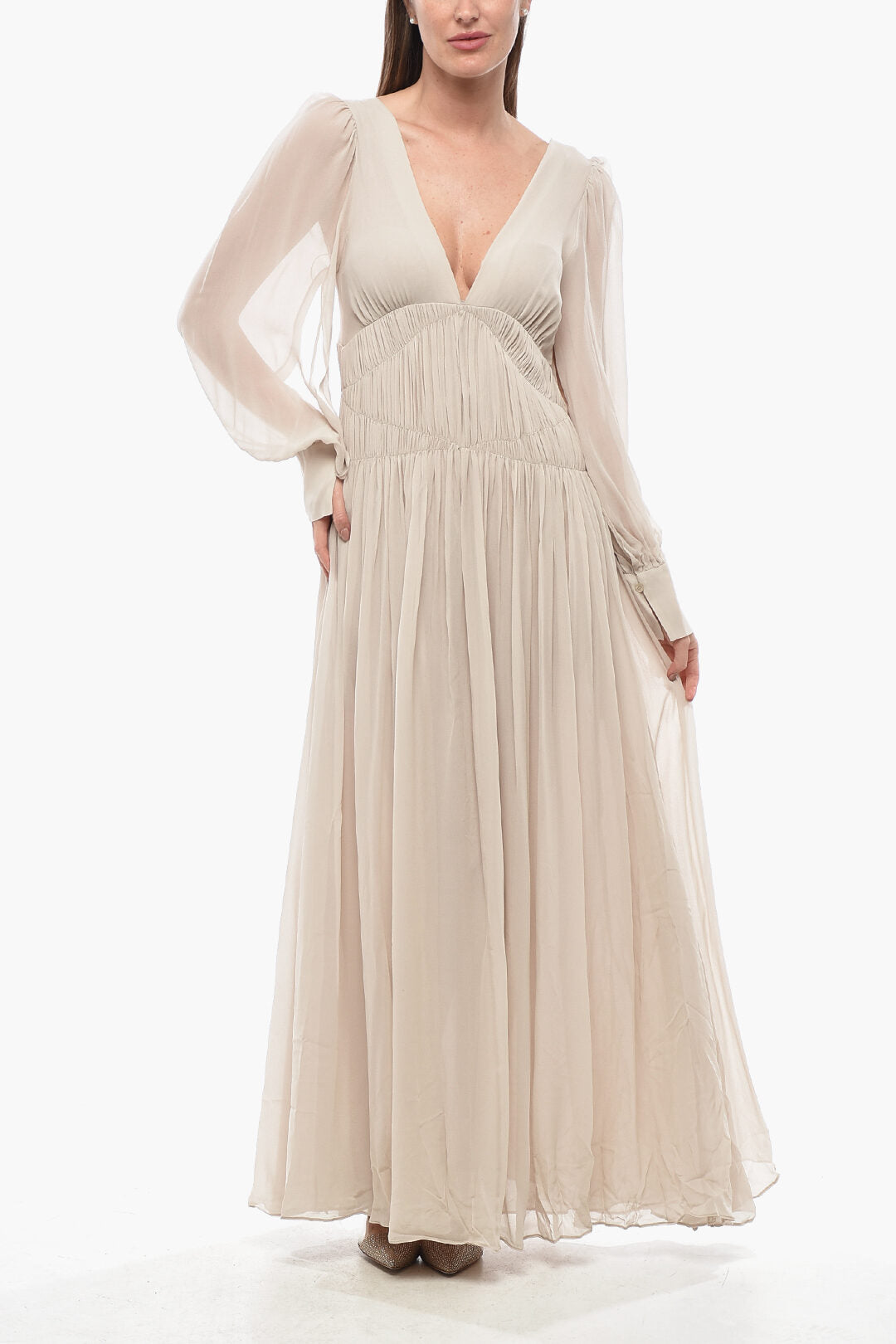 Stella McCartney 2470~Silk Long Dress CARLEIGH with Long Sleeves and Deep V-Neck