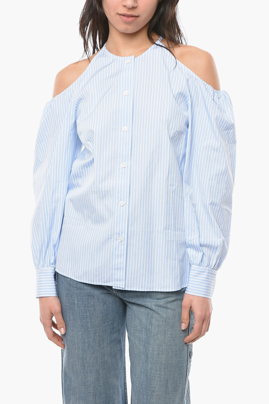 Stella McCartney 2750~Pinstripe Shirt with Cold-Shoulder Sleeves