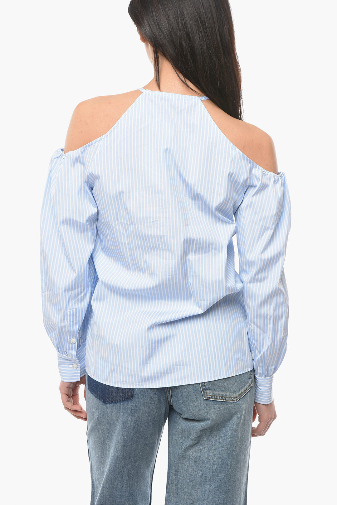 Stella McCartney 2750~Pinstripe Shirt with Cold-Shoulder Sleeves, view 2