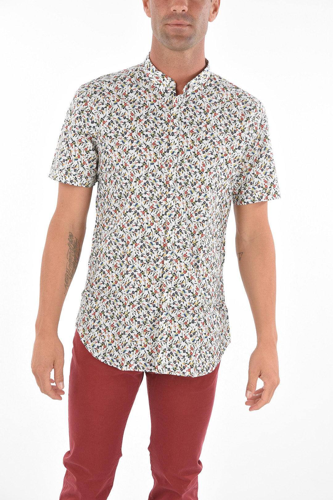 Corneliani 3250~CC COLLECTION Short-Sleeve Shirt with Button-Down Collar and Floral Print