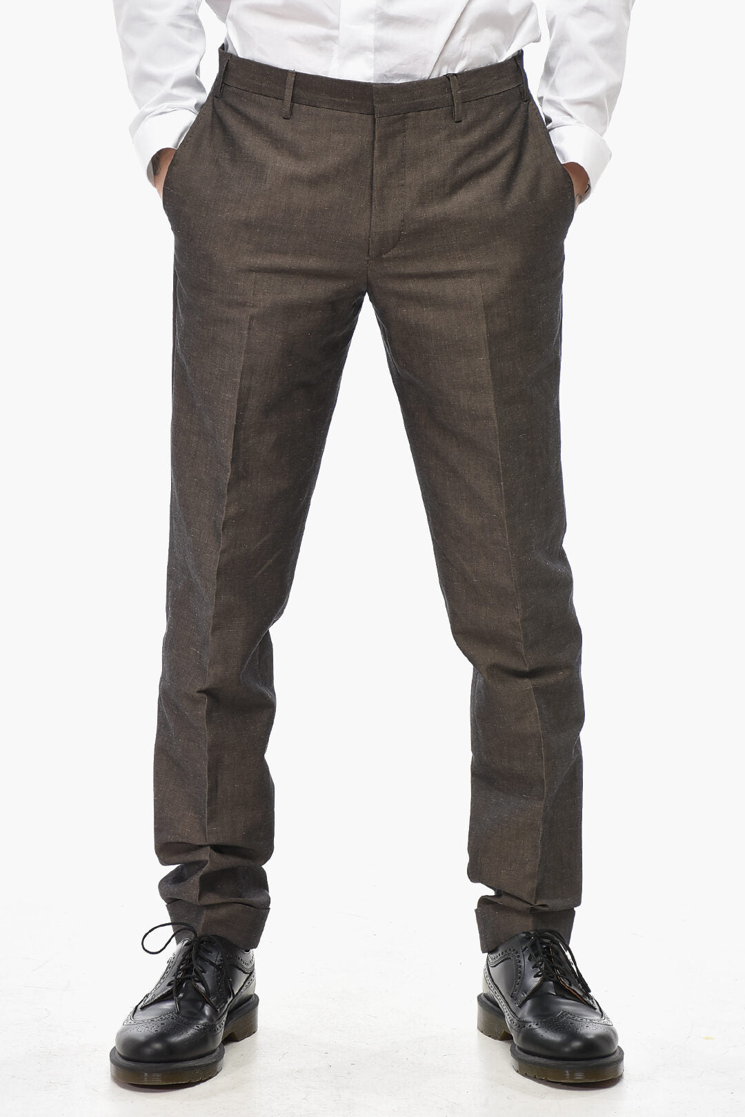 Corneliani 2405~Bouclé Cotton Trousers with Hidden Button Closure