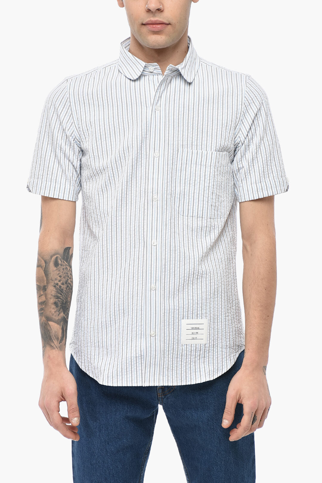 Thom Browne 2750~Short-Sleeve Striped Shirt With Club Collar
