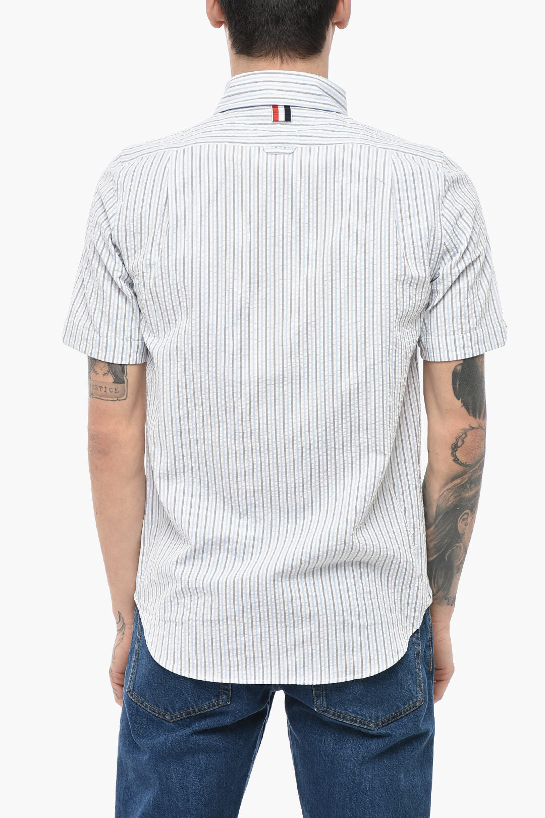 Thom Browne 2750~Short-Sleeve Striped Shirt With Club Collar, view 2
