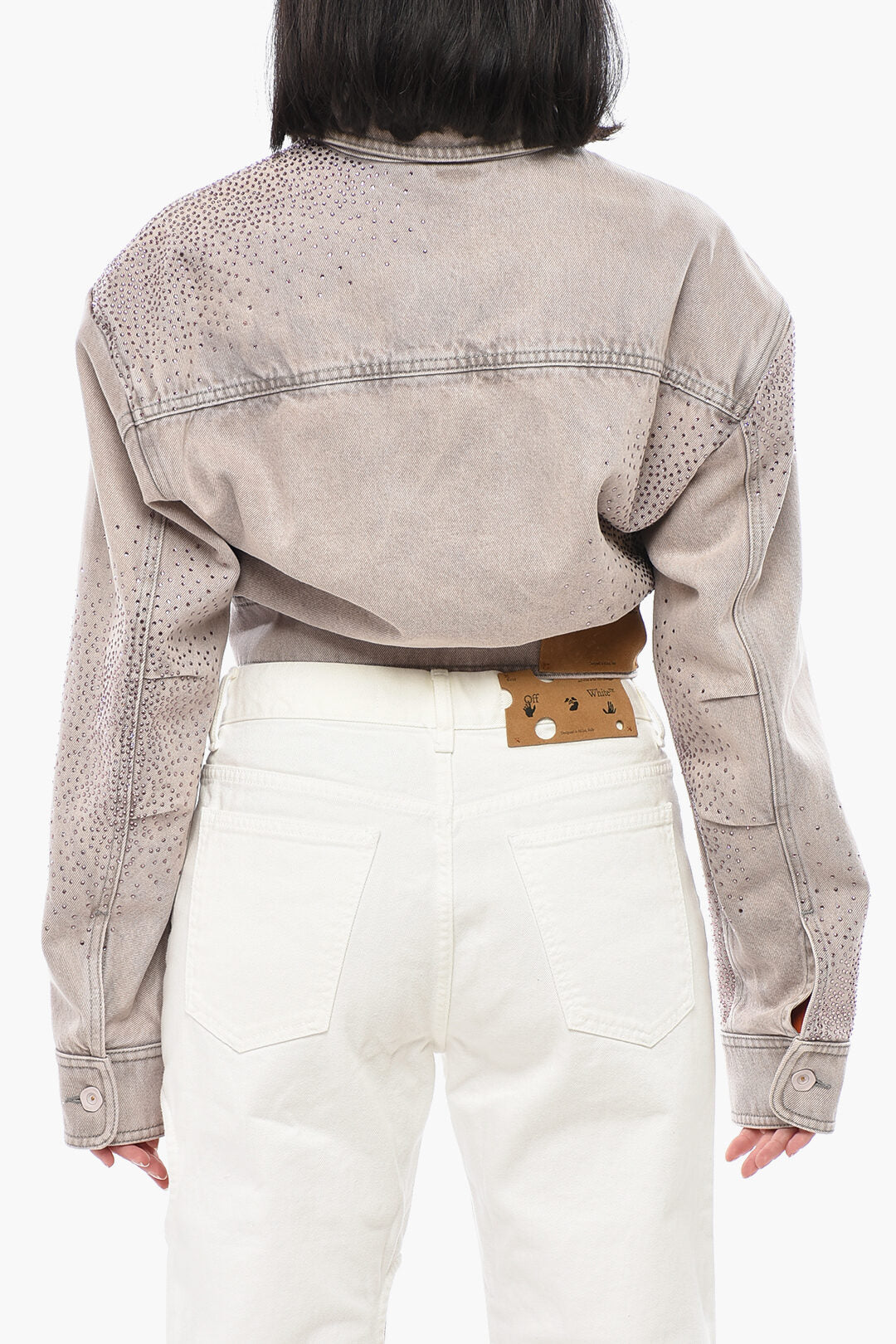 Off-White 3050~SEASONAL Cropped Denim Jacket with Rhinestones