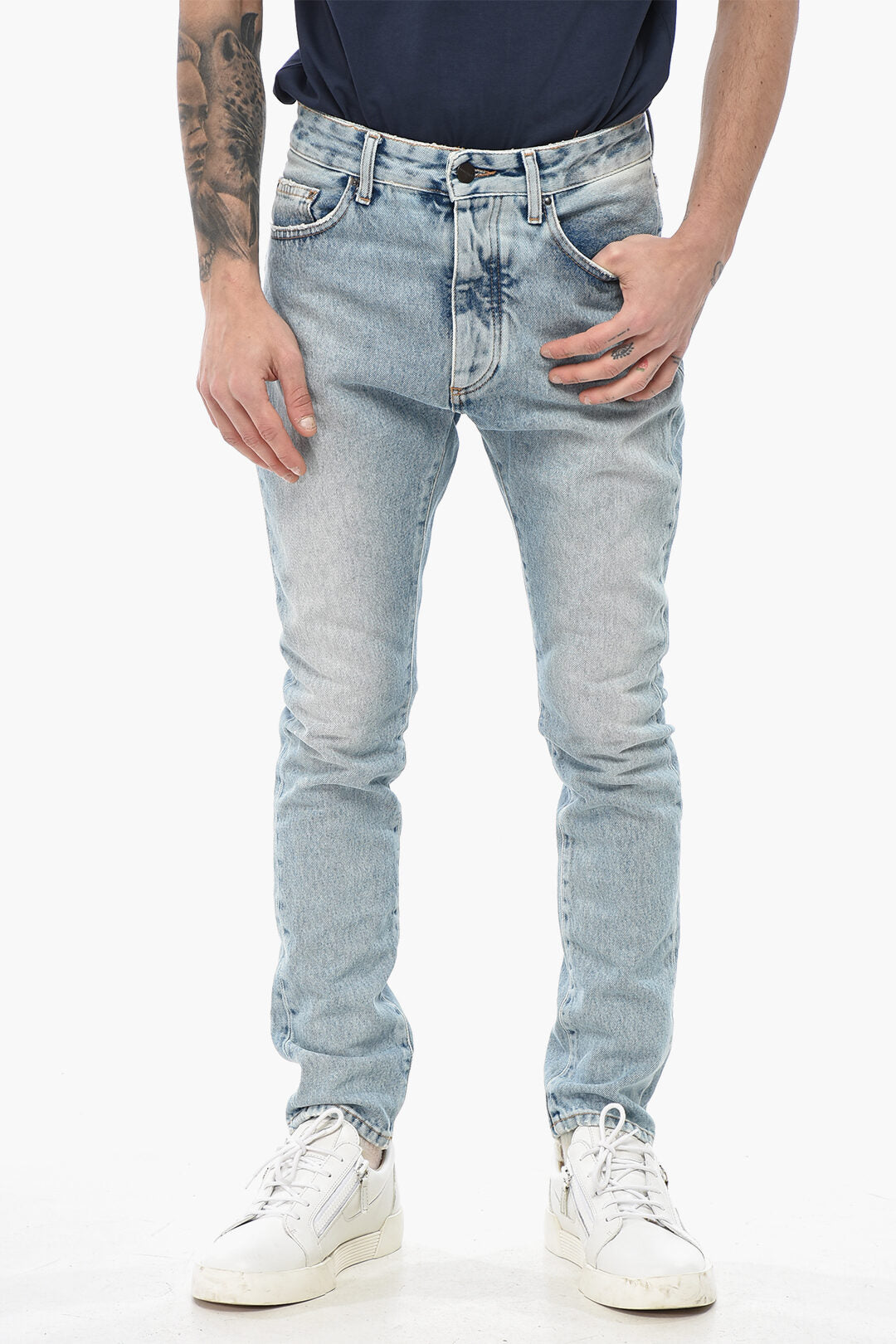 Palm Angels 2750~Light-Wash Denim Skinny-Fit Jeans CURVED LOGO 15cm