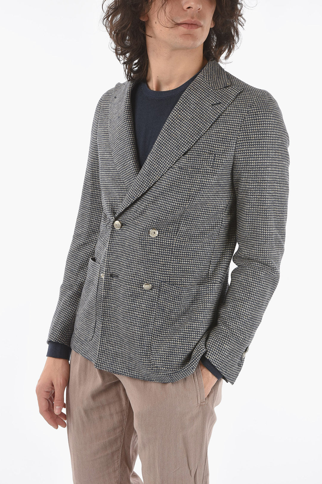 Corneliani 2405~ID Double-Breasted Linen Jacket Two Vents Peak Lapel