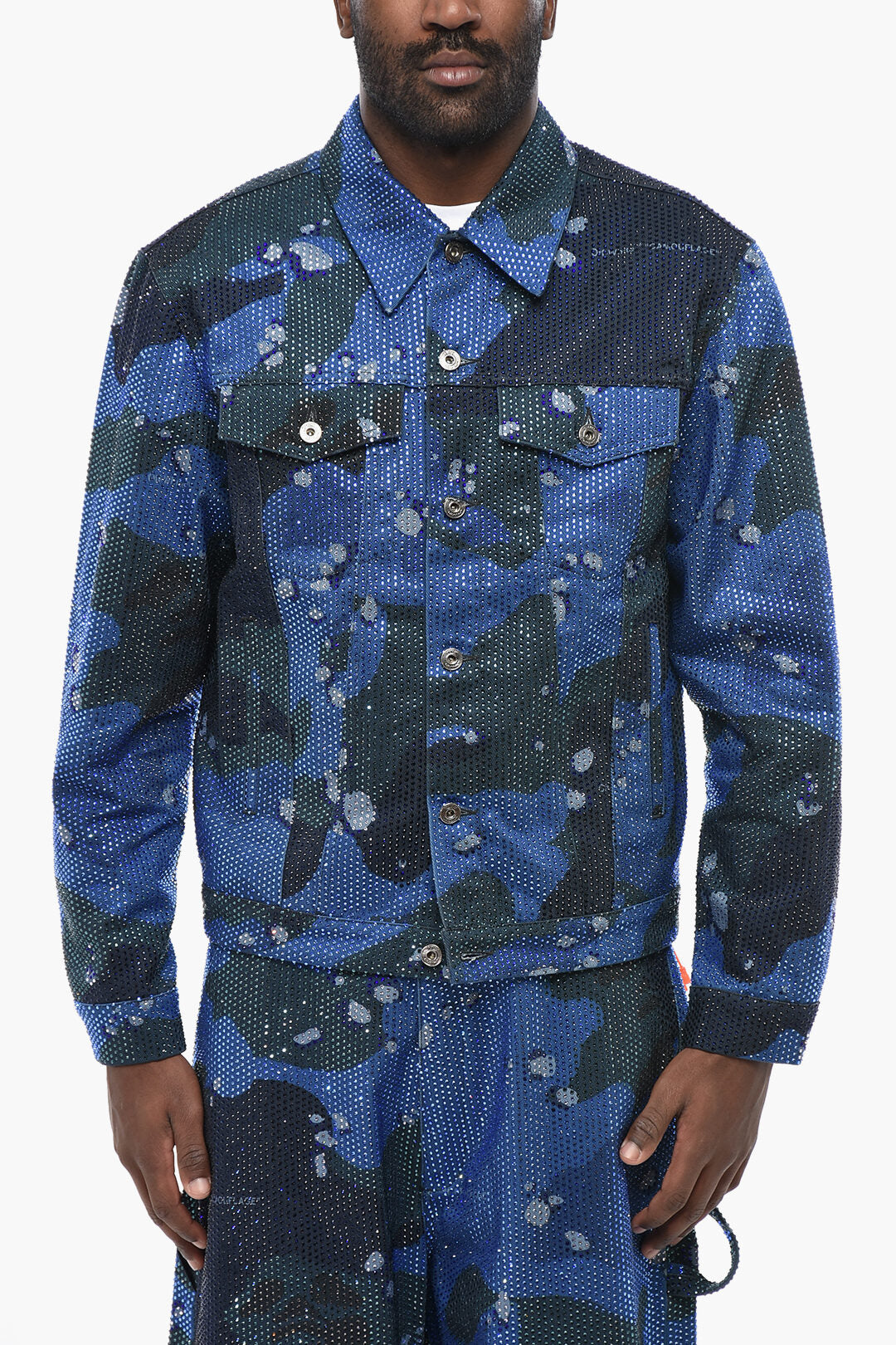 Off-White 2405~EVENING Denim Jacket with Camouflage Pattern and All-Over Crystals