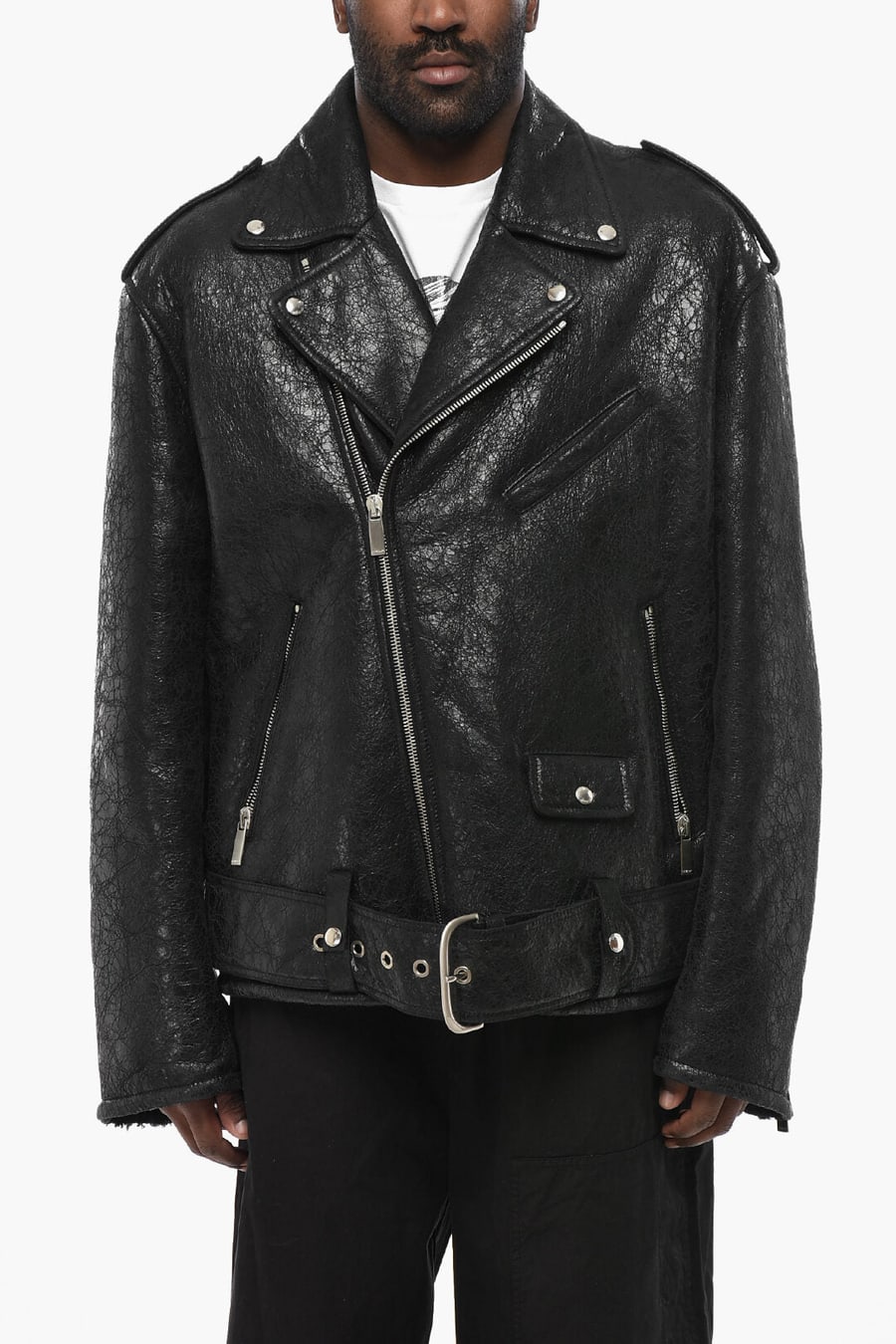 Off-White 3500~Shearling Biker Jacket CRAQ with Vintage Effect