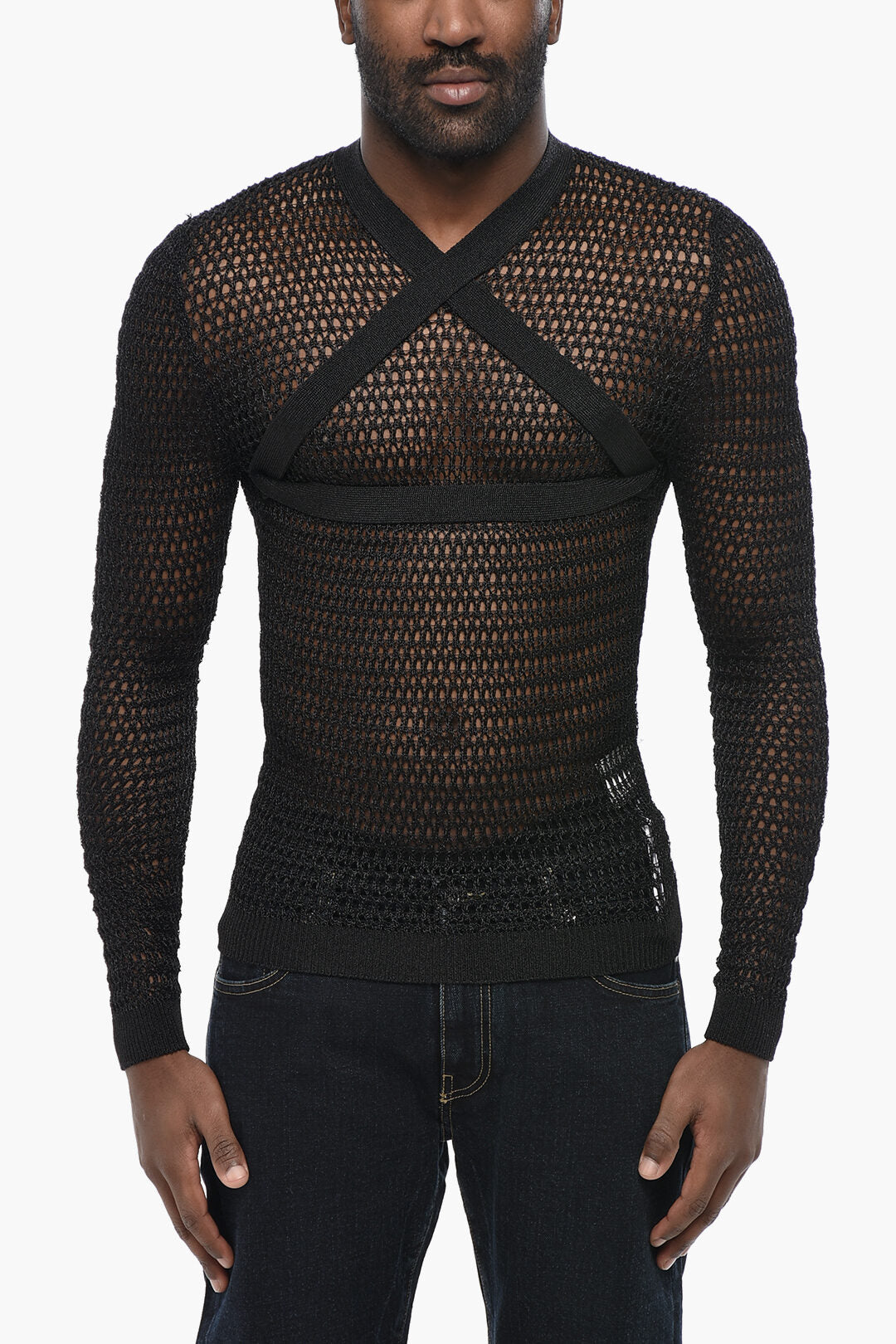 Off-White 3500~Crewneck Sweater SHINY NET with Criss Cross Detail