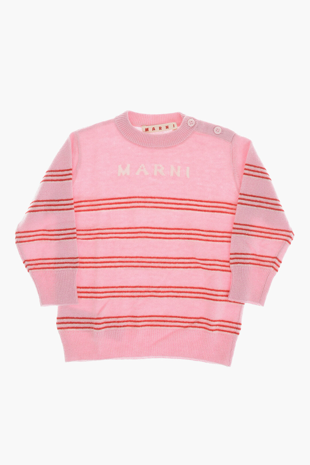 Marni Kids 3050~Wool-Blend Crewneck Striped Sweater with 2 Buttons