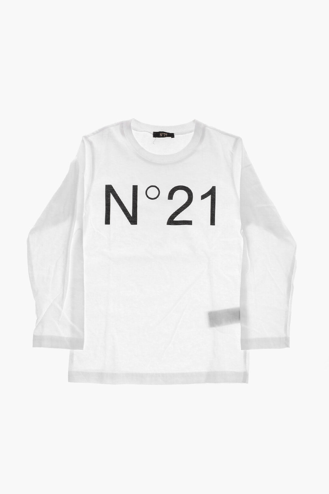 N.21 Kids 0550~Cotton Long-Sleeve Crewneck T-Shirt with Contrast Logo