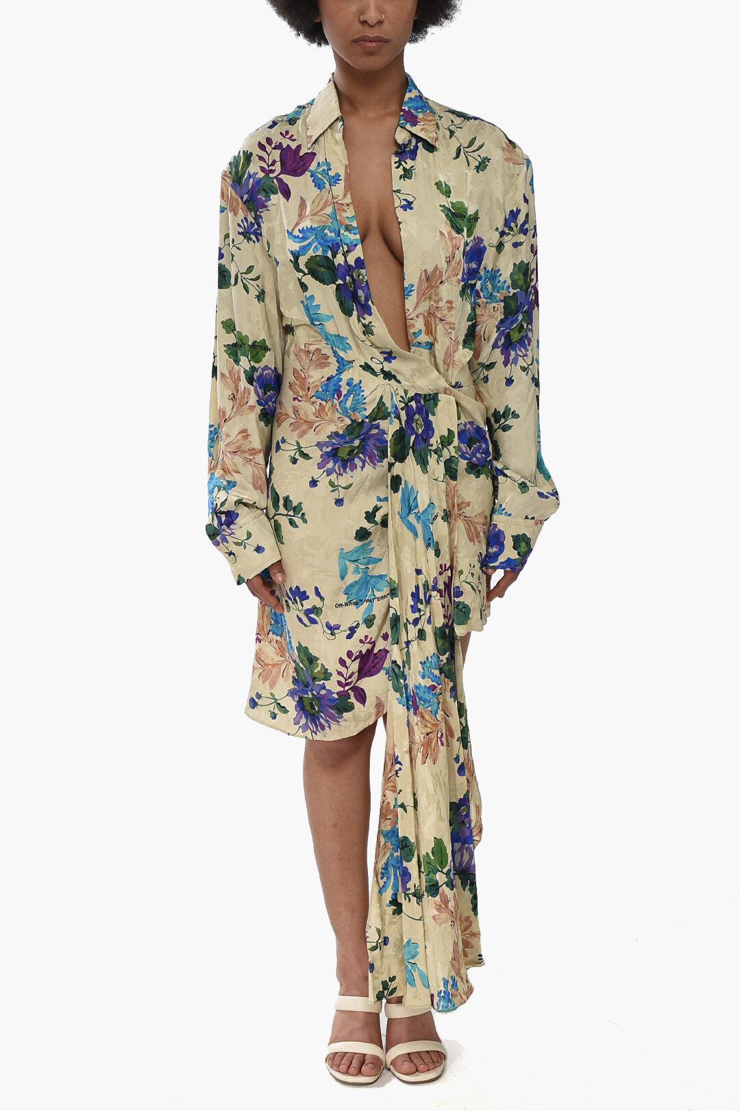 Off-White 3250~SEASONAL Wrap Shirt Dress with Floral Print and Side Drape