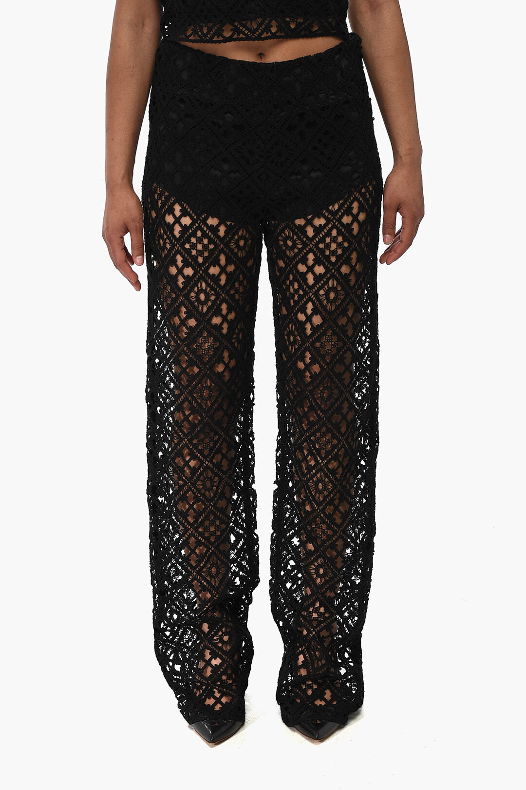 Off-White 3500~Cotton-Blend Crochet Palazzo Pants with Side Zip