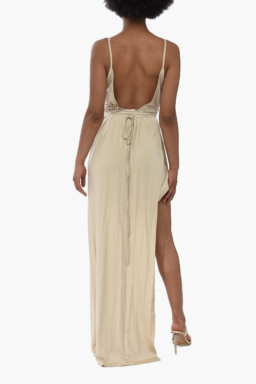 Off-White 2500~Stretch-Viscose Slip Dress with Lace-up Design, view 2