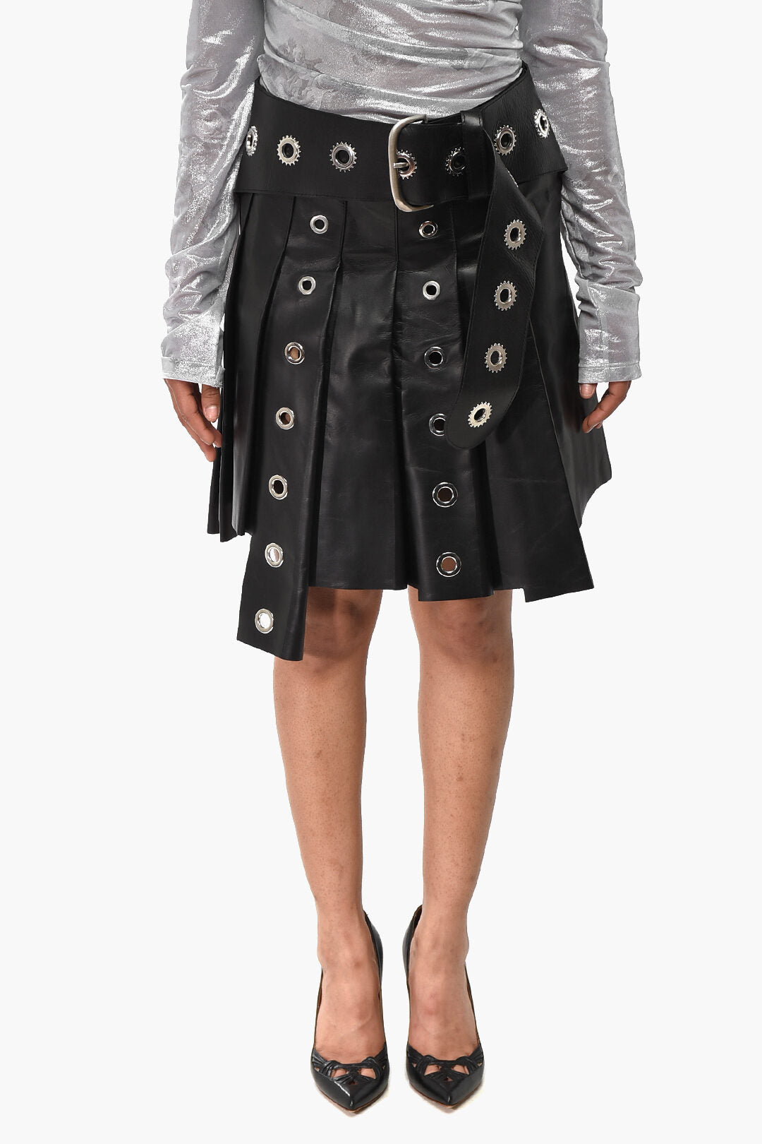 Off-White 3500~Plissé Leather Mini Skirt EYELETS With Belt And Buckle
