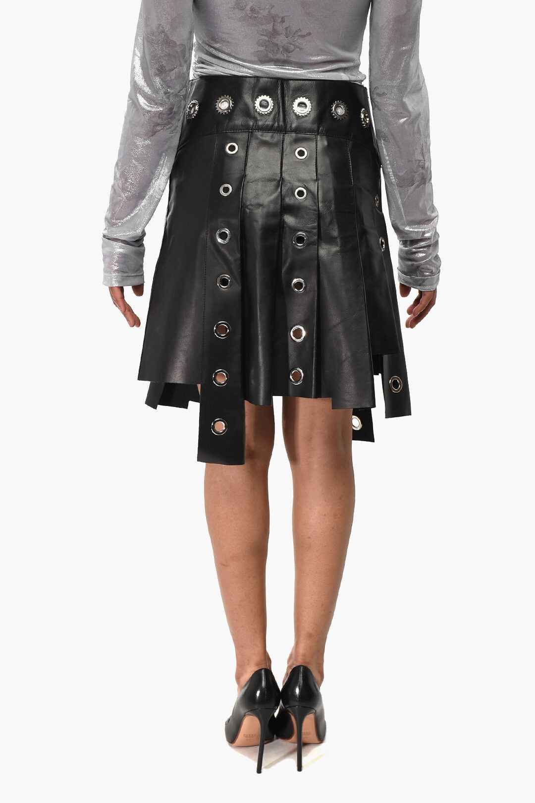 Off-White 3500~Plissé Leather Mini Skirt EYELETS With Belt And Buckle, view 2