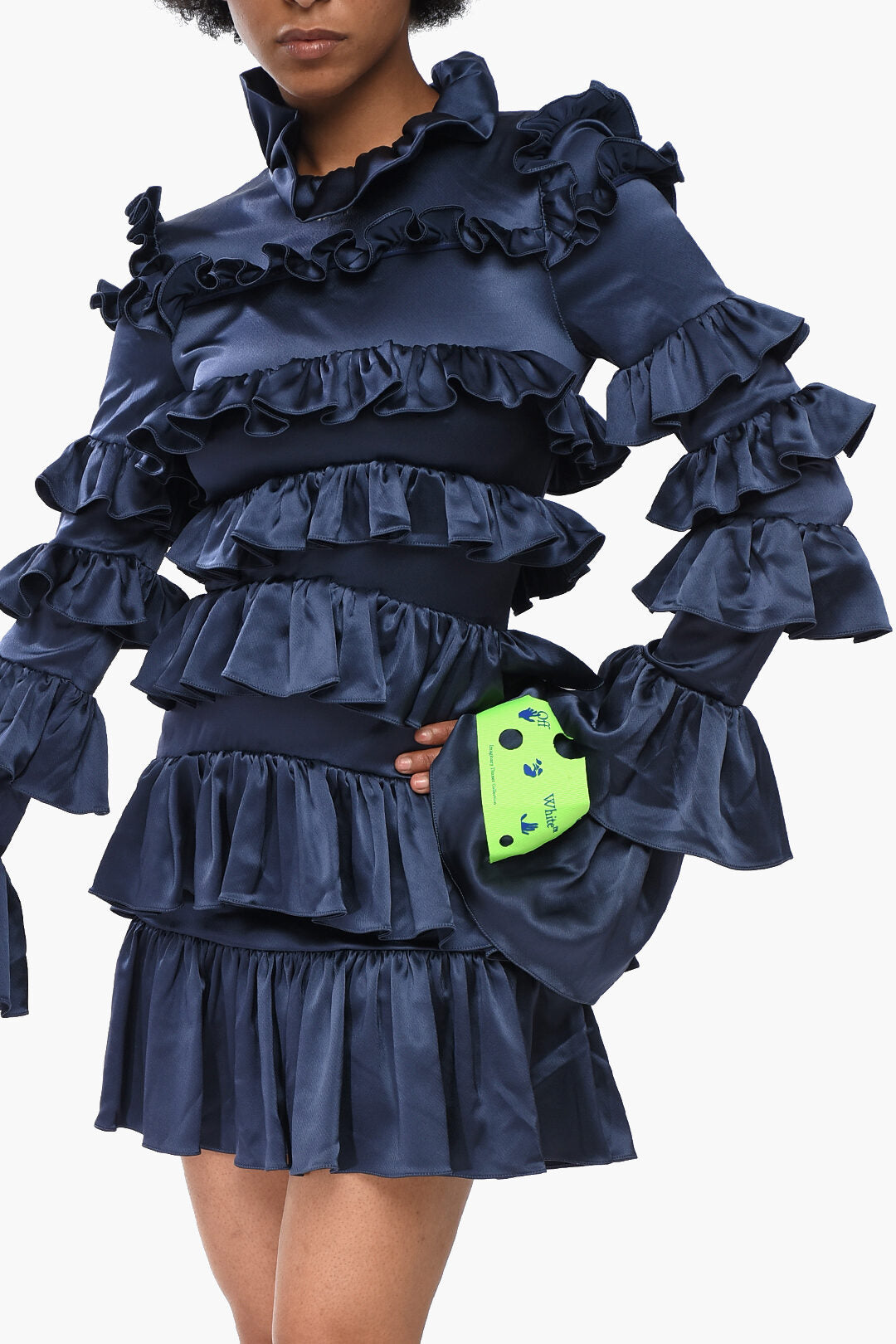 Off-White 2405~Satin Ruffle Mini Dress With Back Zip