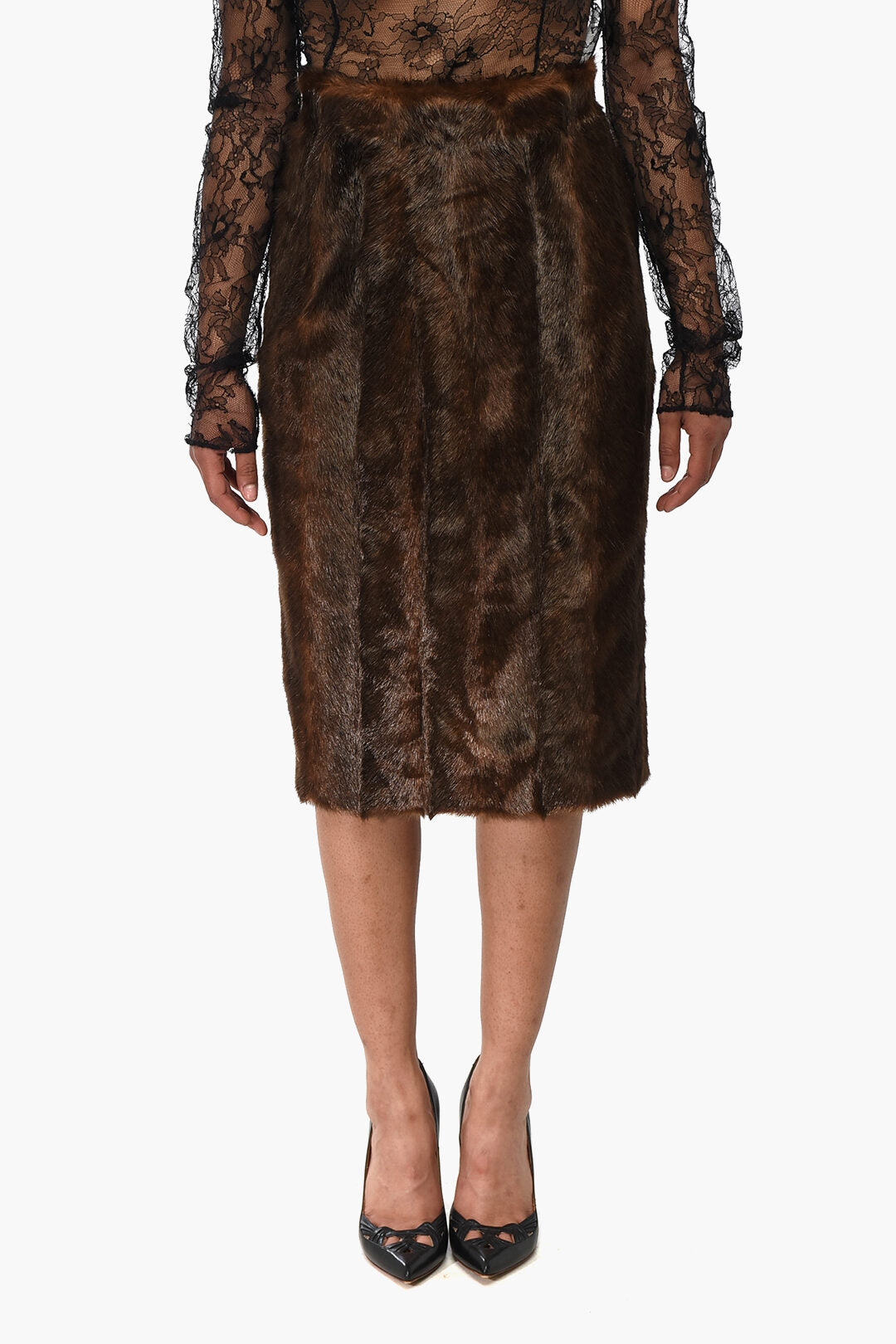 Off-White 2405~Eco-Fur Midi Skirt with Back Zip