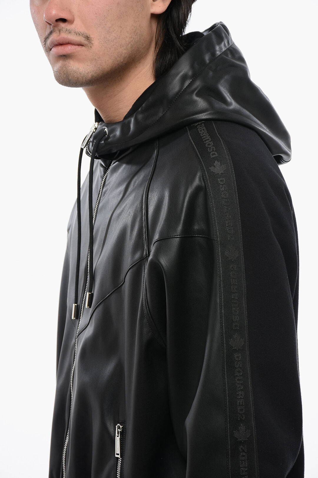 Dsquared2 3500~Faux Leather Hooded Sweatshirt With Logo Band
