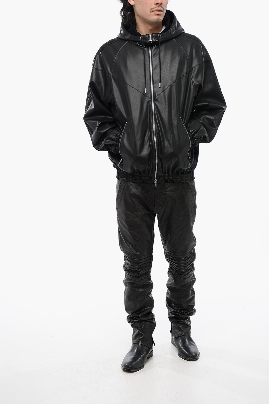 Dsquared2 3500~Faux Leather Hooded Sweatshirt With Logo Band, view 2