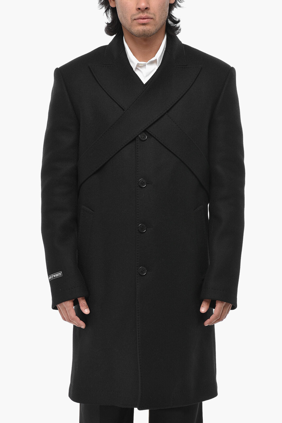 Off-White 3500~Wool Blend Coat STICKER COLLAR With Peak Lapel