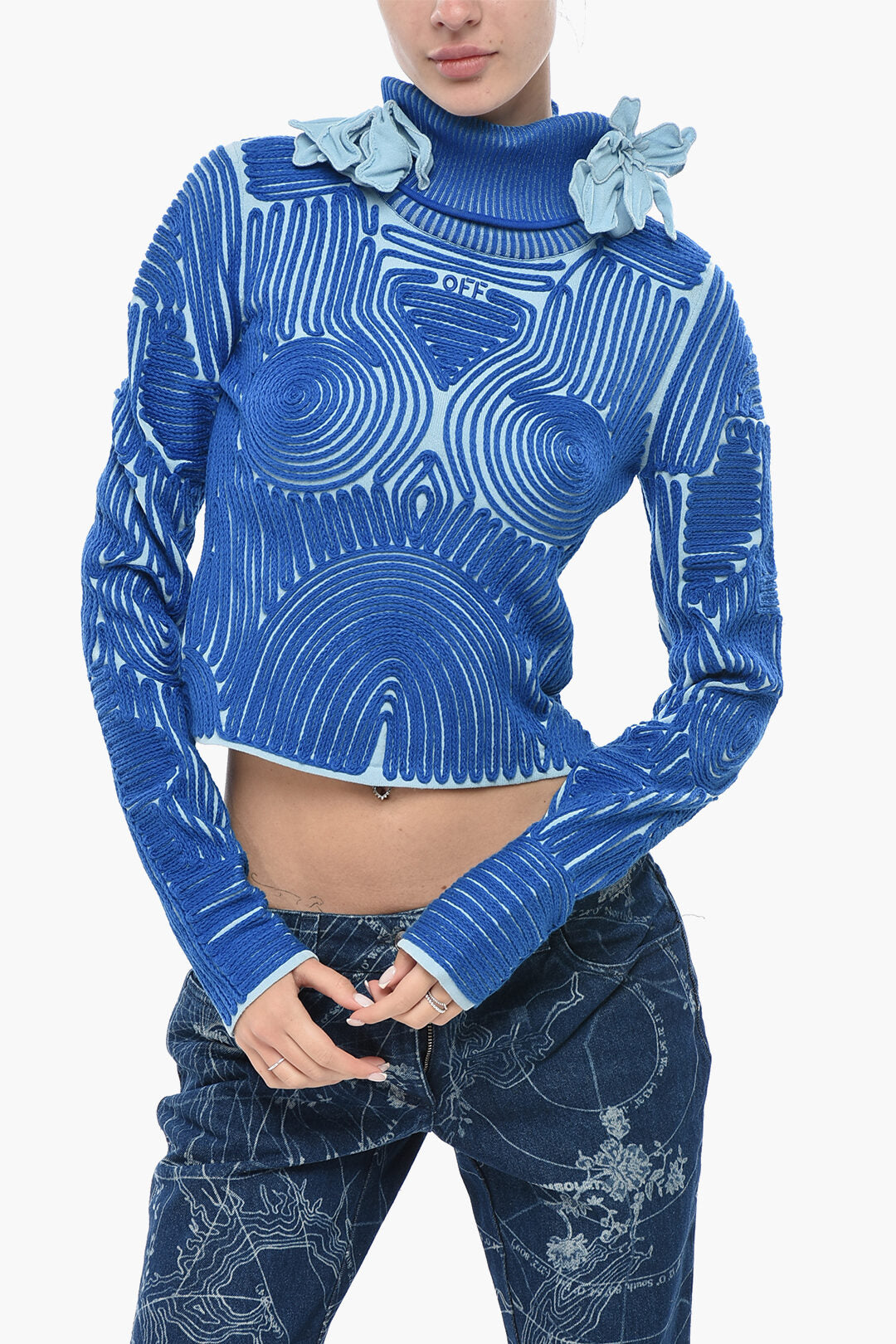 Off-White 2405~Turtleneck Sweater X-RAY with Embroidery and Raised Flowers