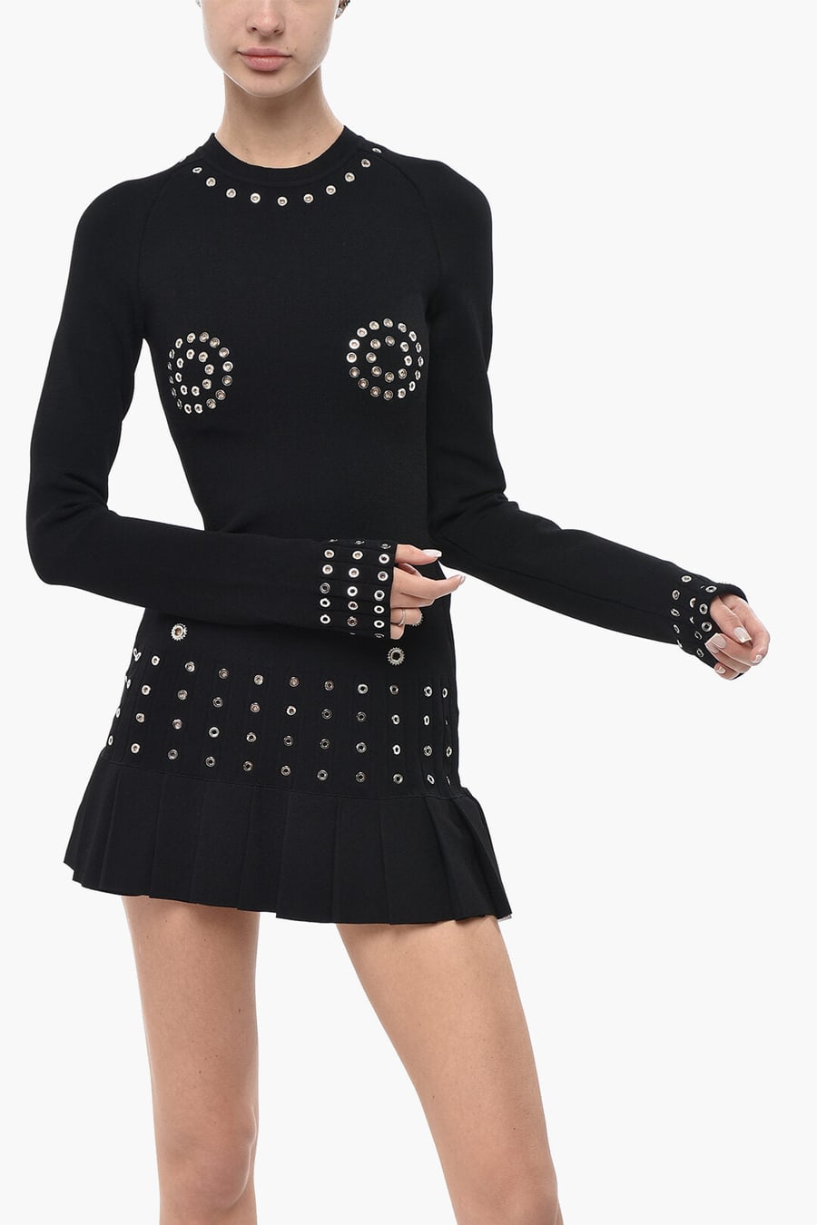 Off-White 3500~Knit Mini Dress EYELETS with Pleated Hem, view 4