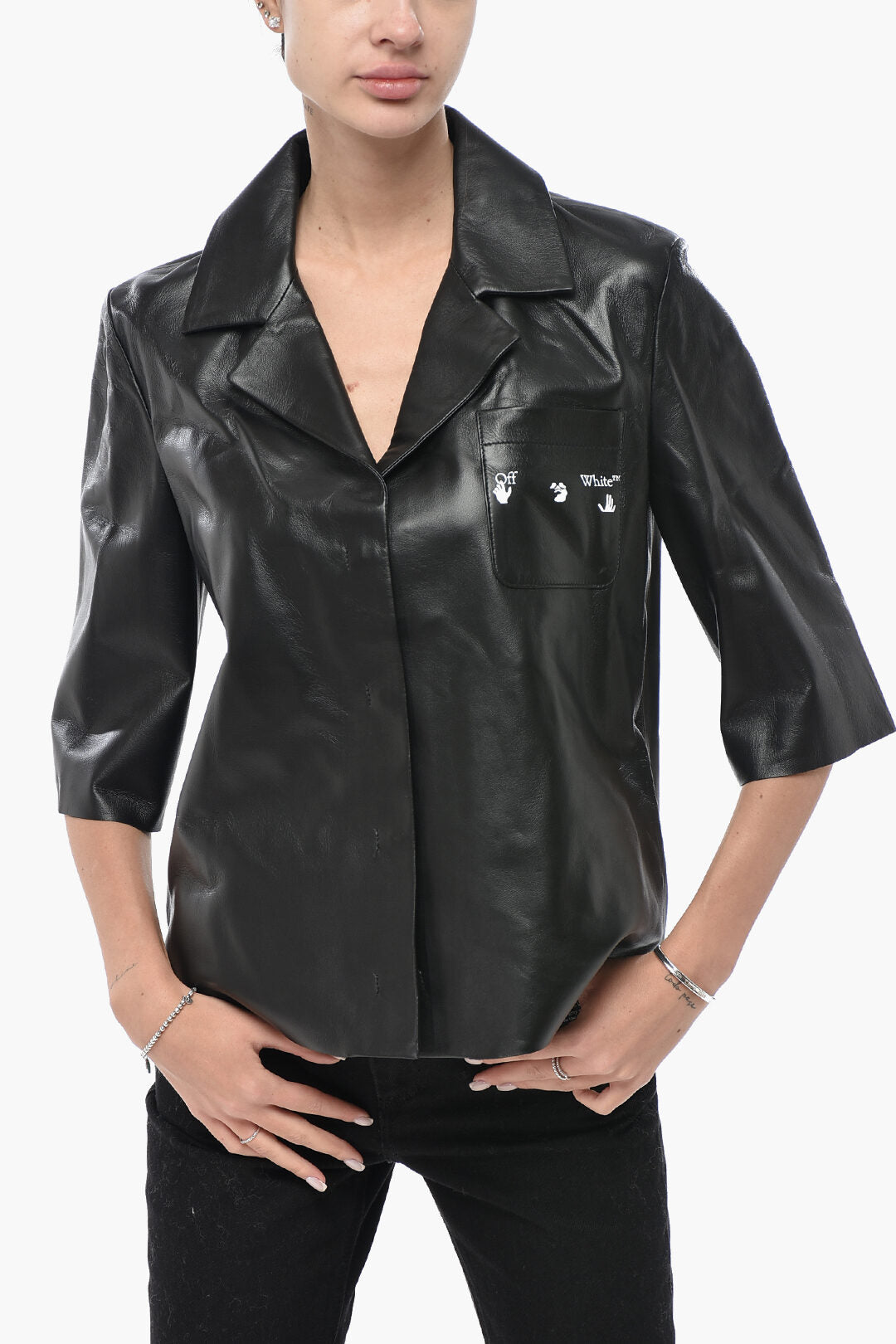 Off-White 3500~LEATHER Leather Bowling Shirt with Snap Buttons