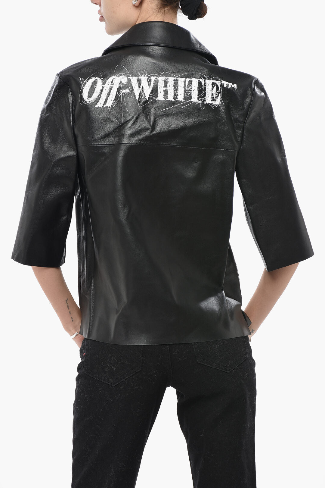 Off-White 3500~LEATHER Leather Bowling Shirt with Snap Buttons, view 2