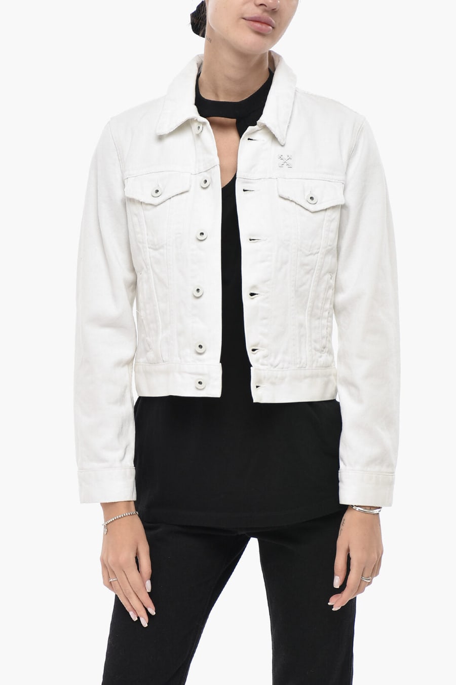 Off-White 2405~DENIM Printed Denim Crop Jacket EAGLE