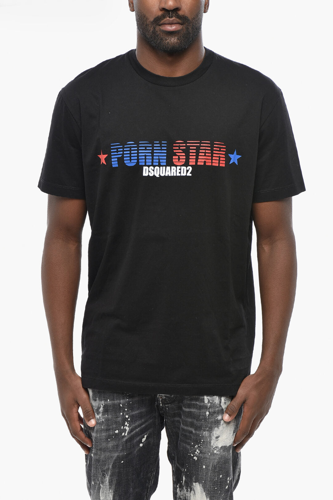 Dsquared2 3500~Solid-Colored Crew-Neck T-Shirt PORN STAR with Front Print