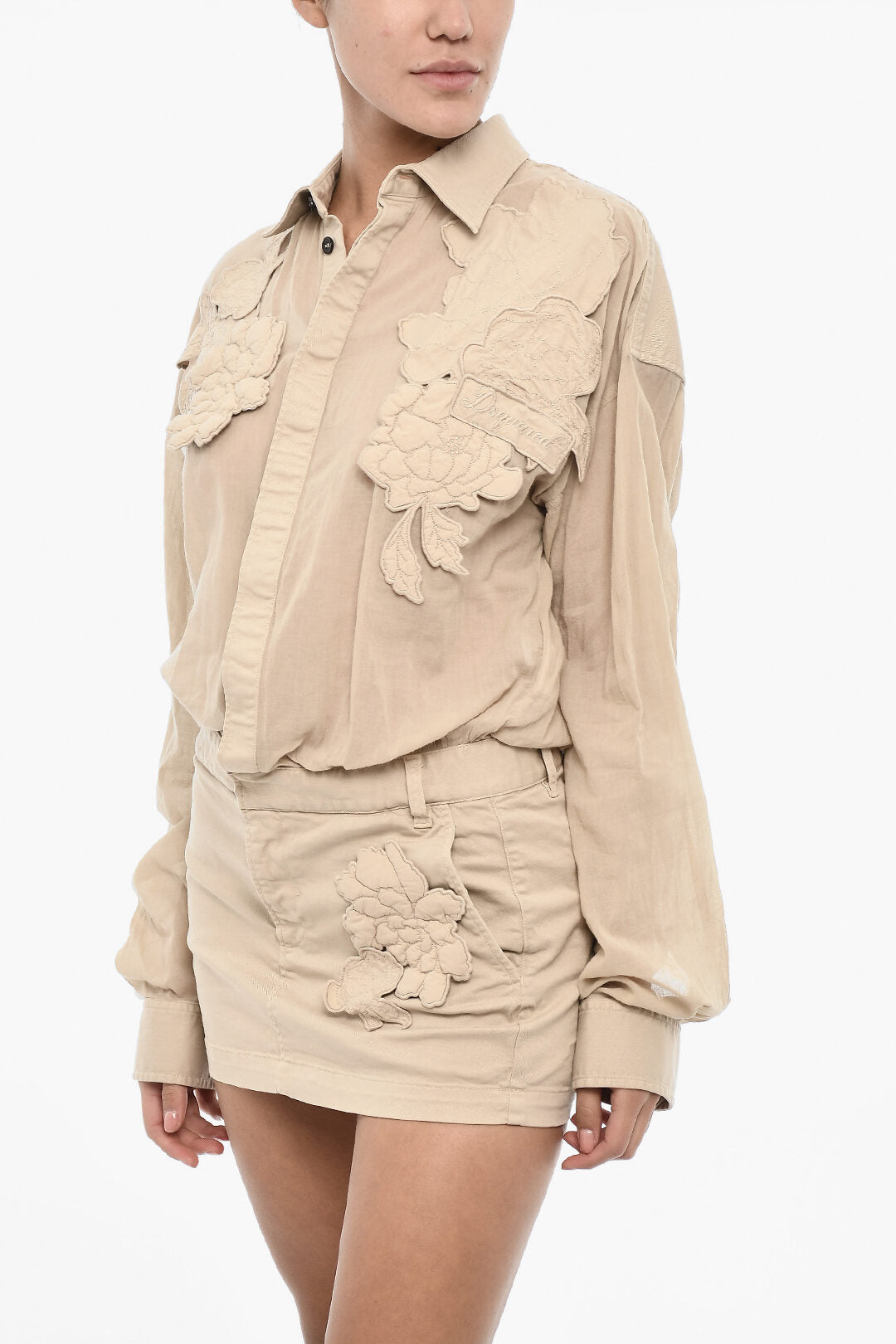 Dsquared2 2500~Solid-Color Mini Shirt Dress with Floral Motif, view 2