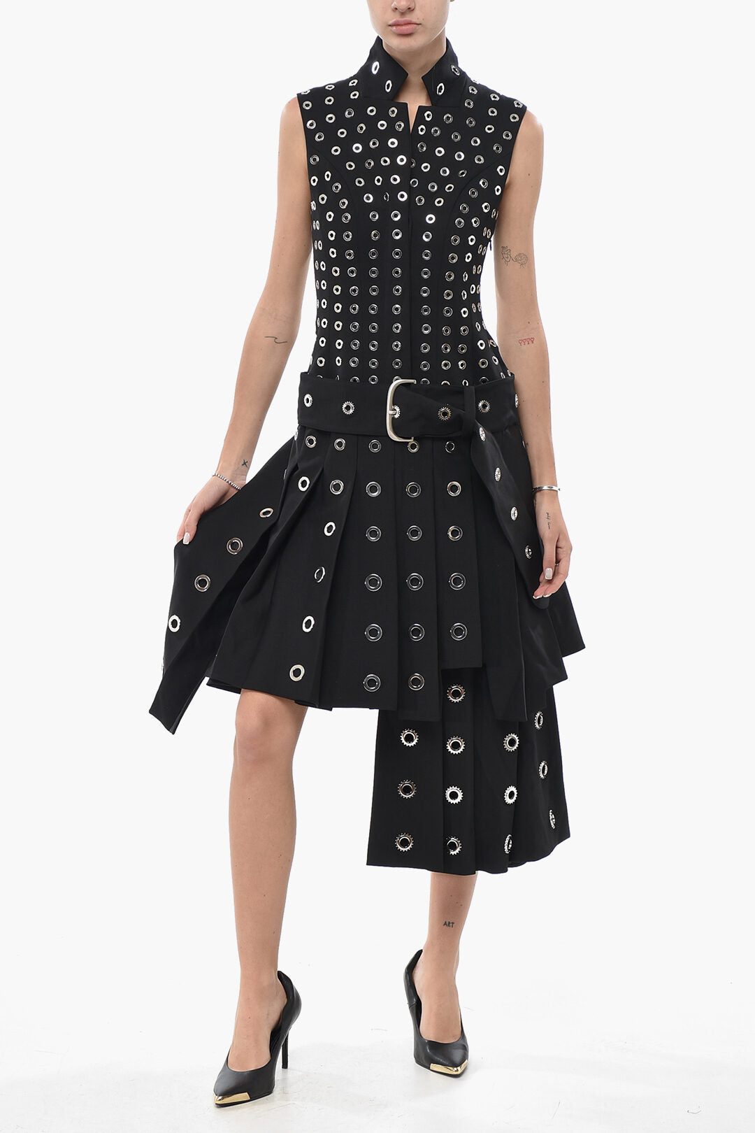 Off-White 3500~Stretch-Wool Sleeveless Dress EYELETS with Belt