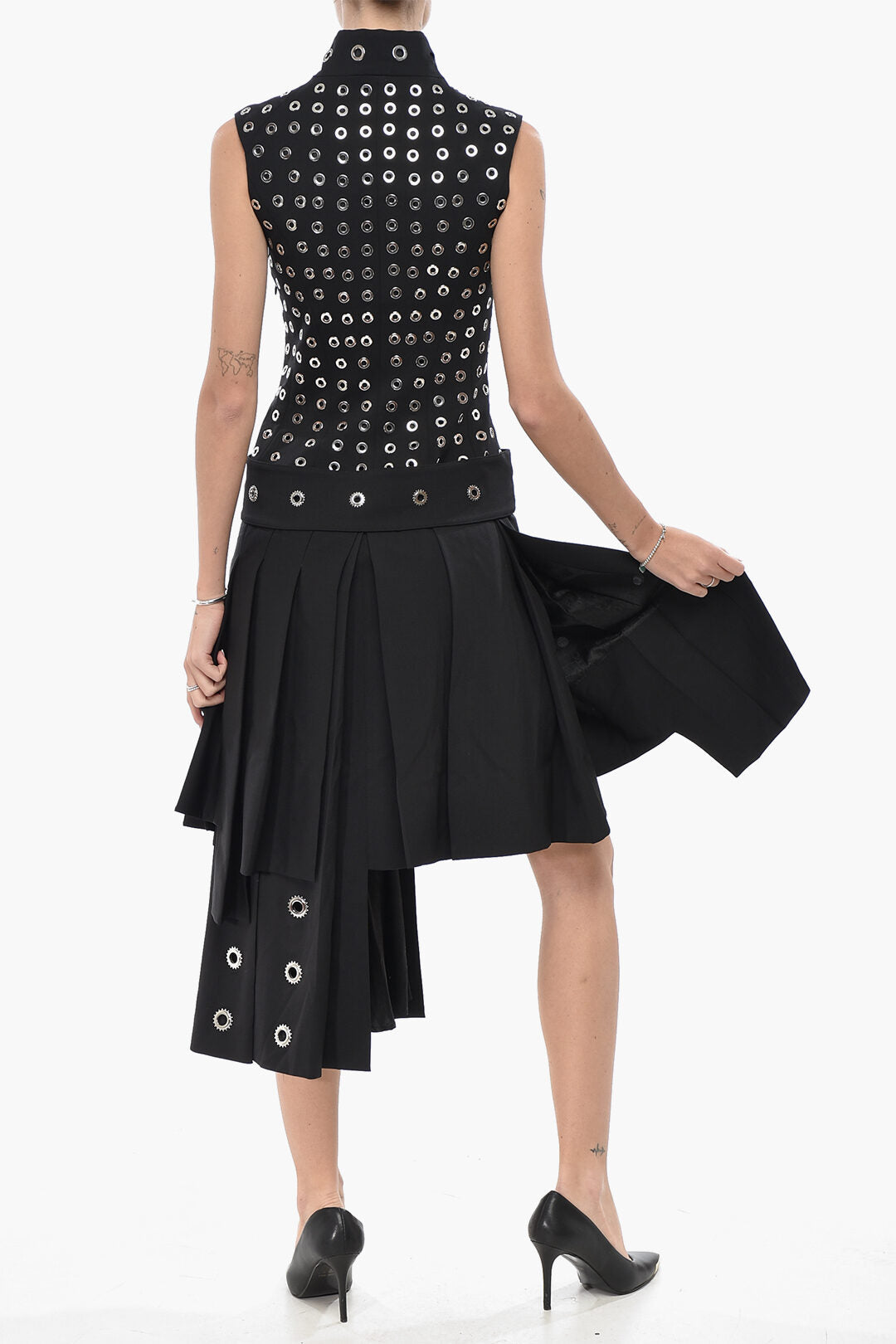 Off-White 3500~Stretch-Wool Sleeveless Dress EYELETS with Belt, view 2
