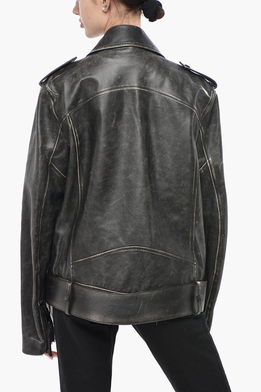 Off-White 2470~Vintage-Effect Leather Biker Jacket