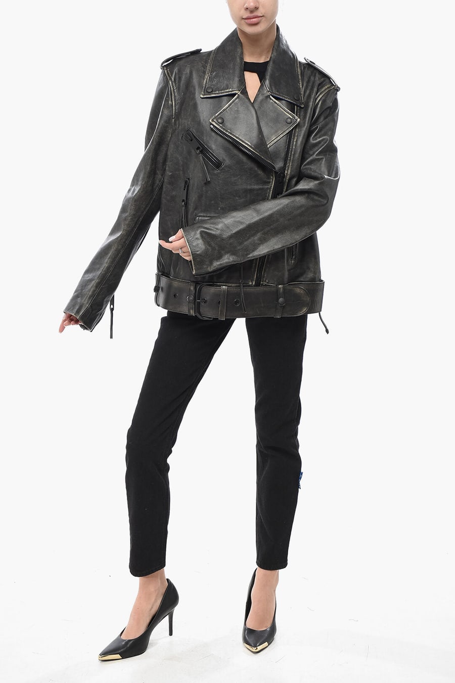 Off-White 2470~Vintage-Effect Leather Biker Jacket, view 4