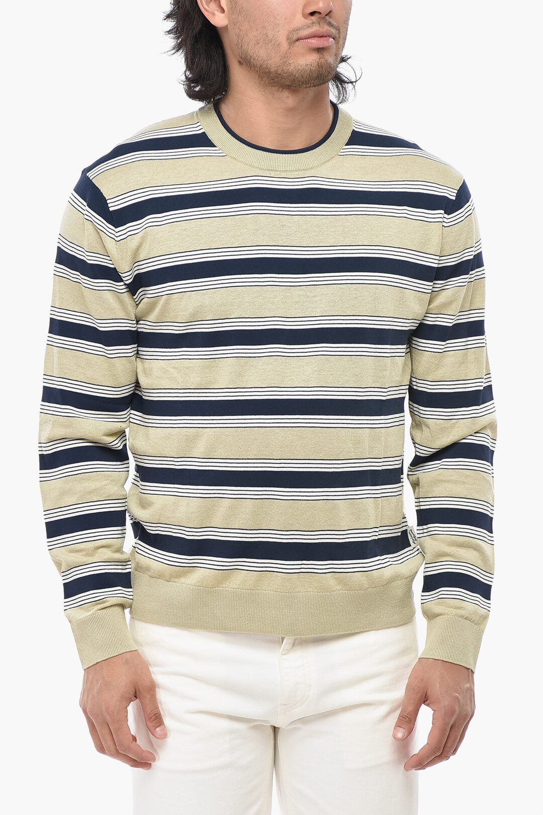 Maison Kitsuné 2500~Linen-Blend Crewneck Sweater with Balanced Stripes